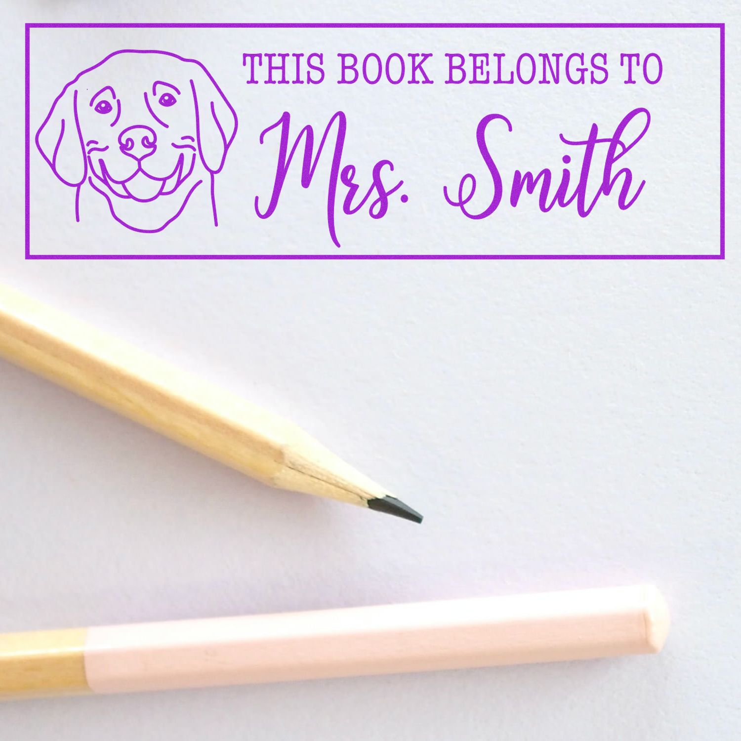 Personalized rubber stamp bookplate with dog illustration and This Book Belongs to Mrs. Smith for custom library books.
