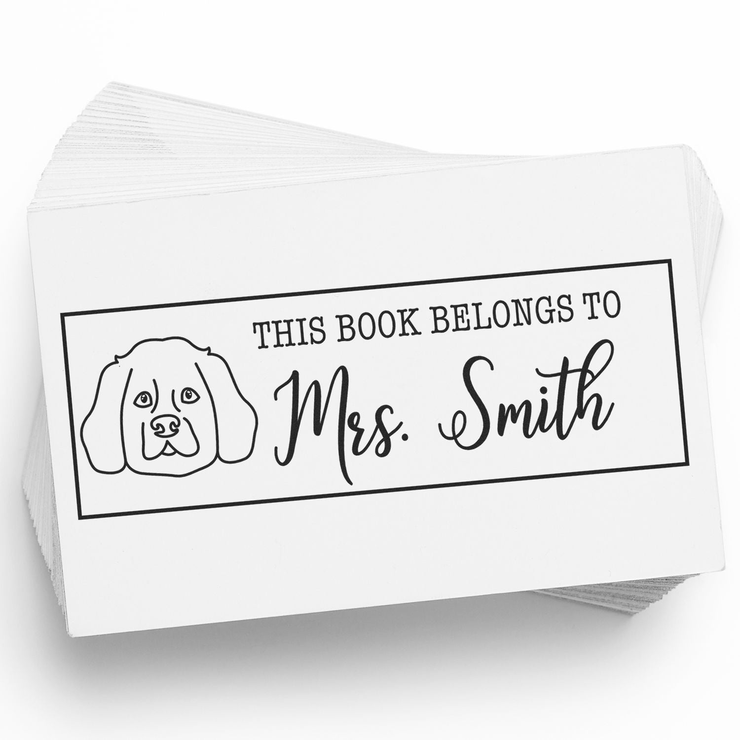 Personalized rubber stamp for books with dog illustration and This Book Belongs to Mrs. Smith custom library bookplate.