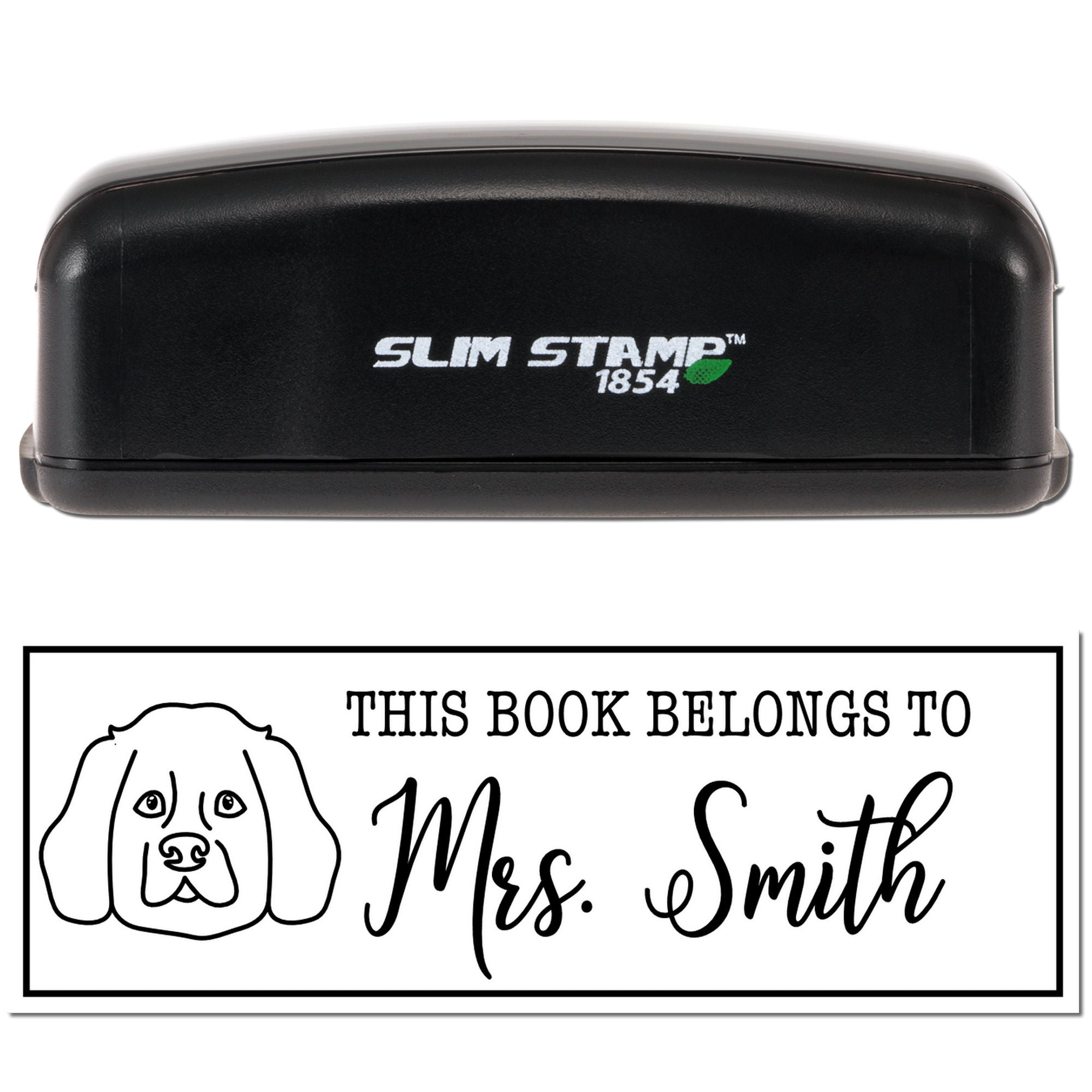 Personalized book stamp with dog design and This Book Belongs to Mrs. Smith imprint for custom library books.