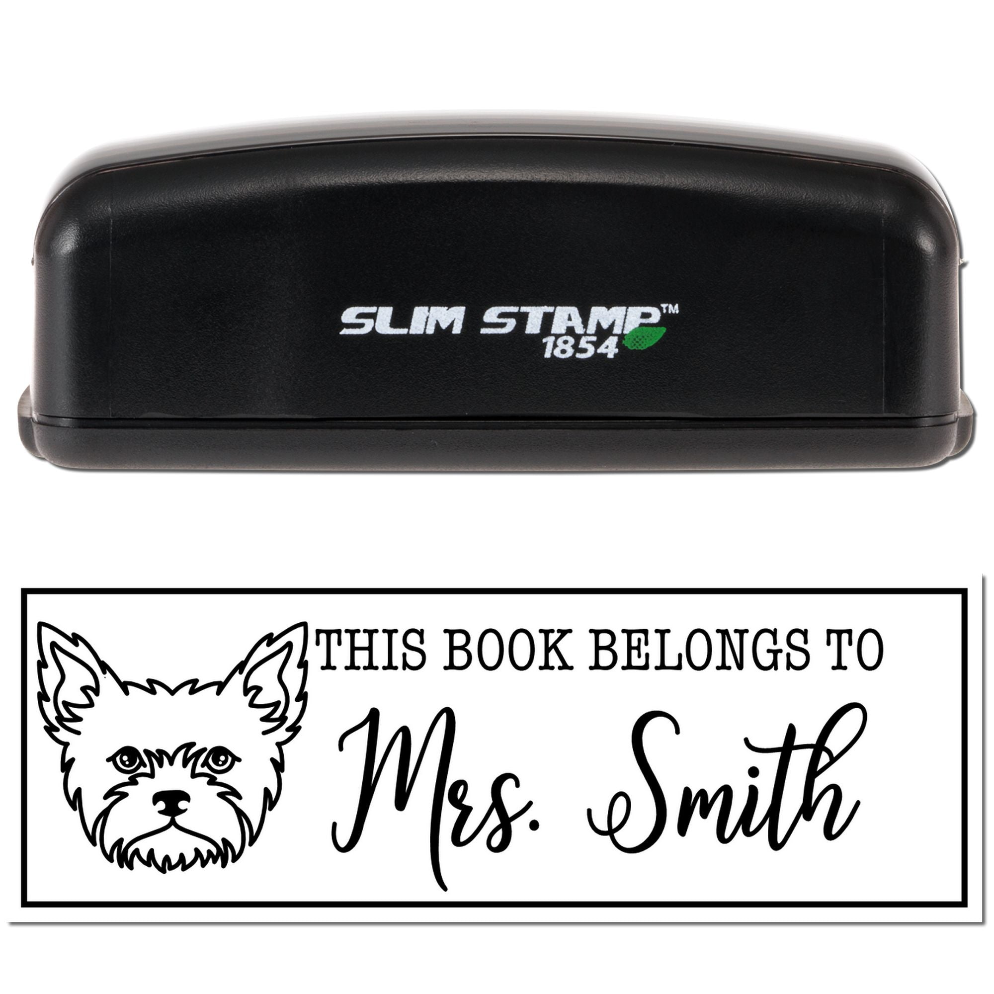 Custom Slim Stamp 1854 book rubber stamp with dog artwork and This book belongs to Mrs. Smith personalized text.