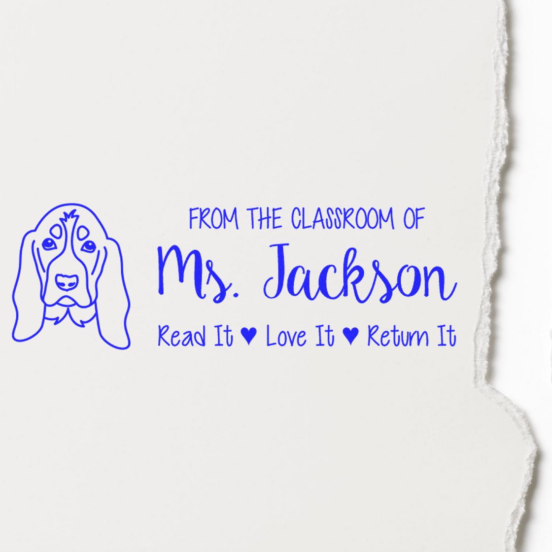 Custom teacher rubber stamp for Ms. Jackson with dog icon and Read It, Love It, Return It classroom message.