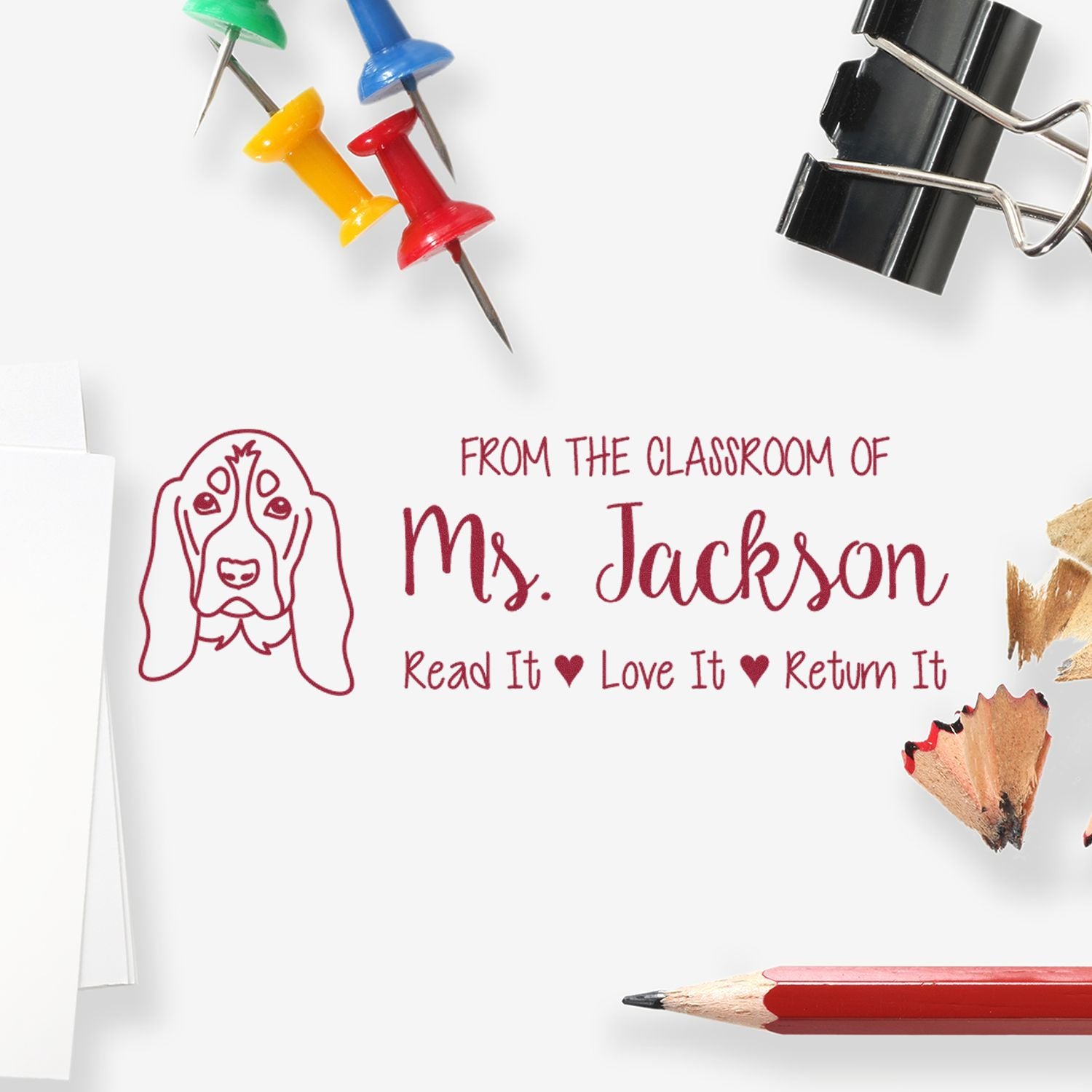 Personalized teacher rubber stamp for books: From the classroom of Ms. Jackson, Read It Love It Return It with dog design.