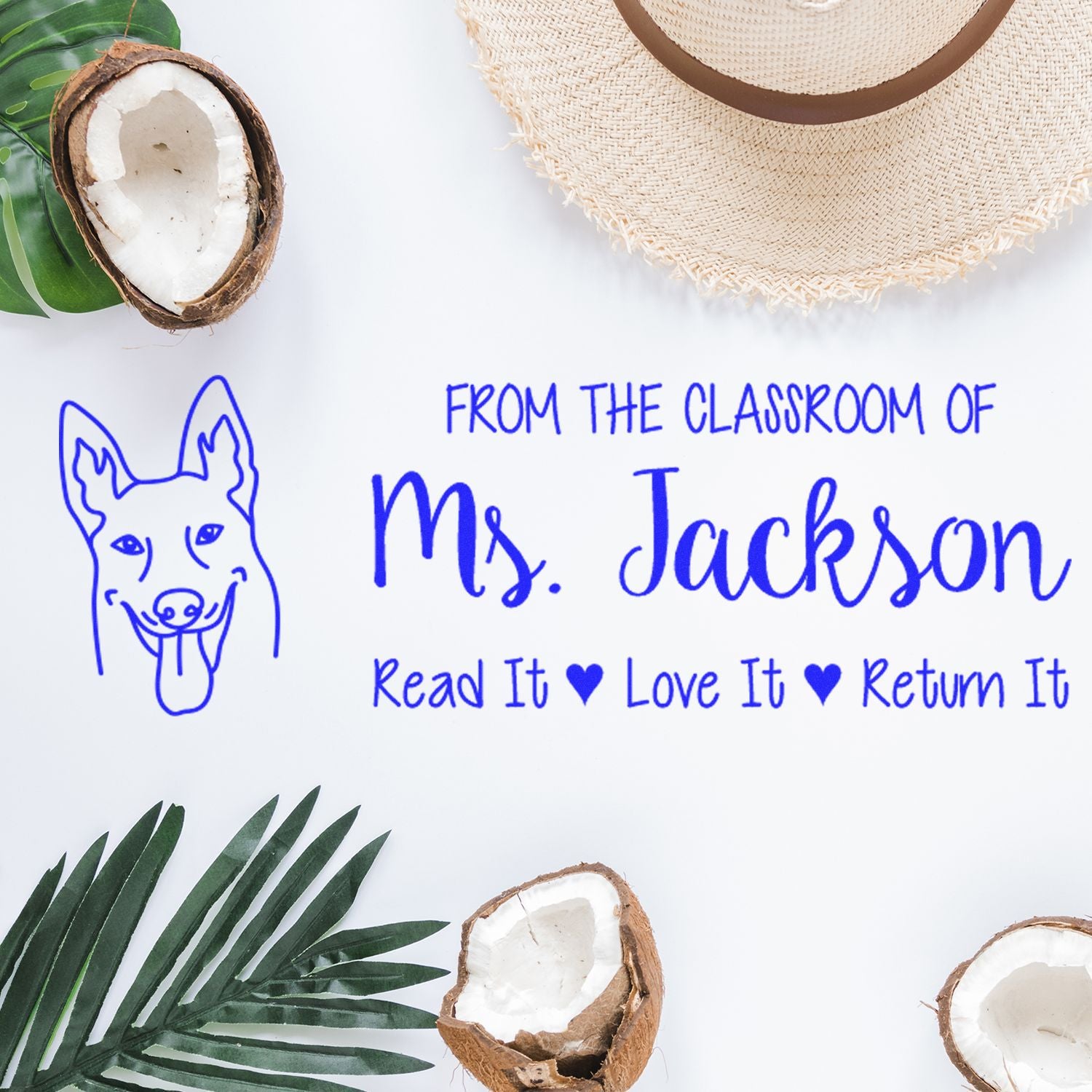 Custom teacher rubber stamp for books: From the classroom of Ms. Jackson, Read It Love It Return It with dog icon.