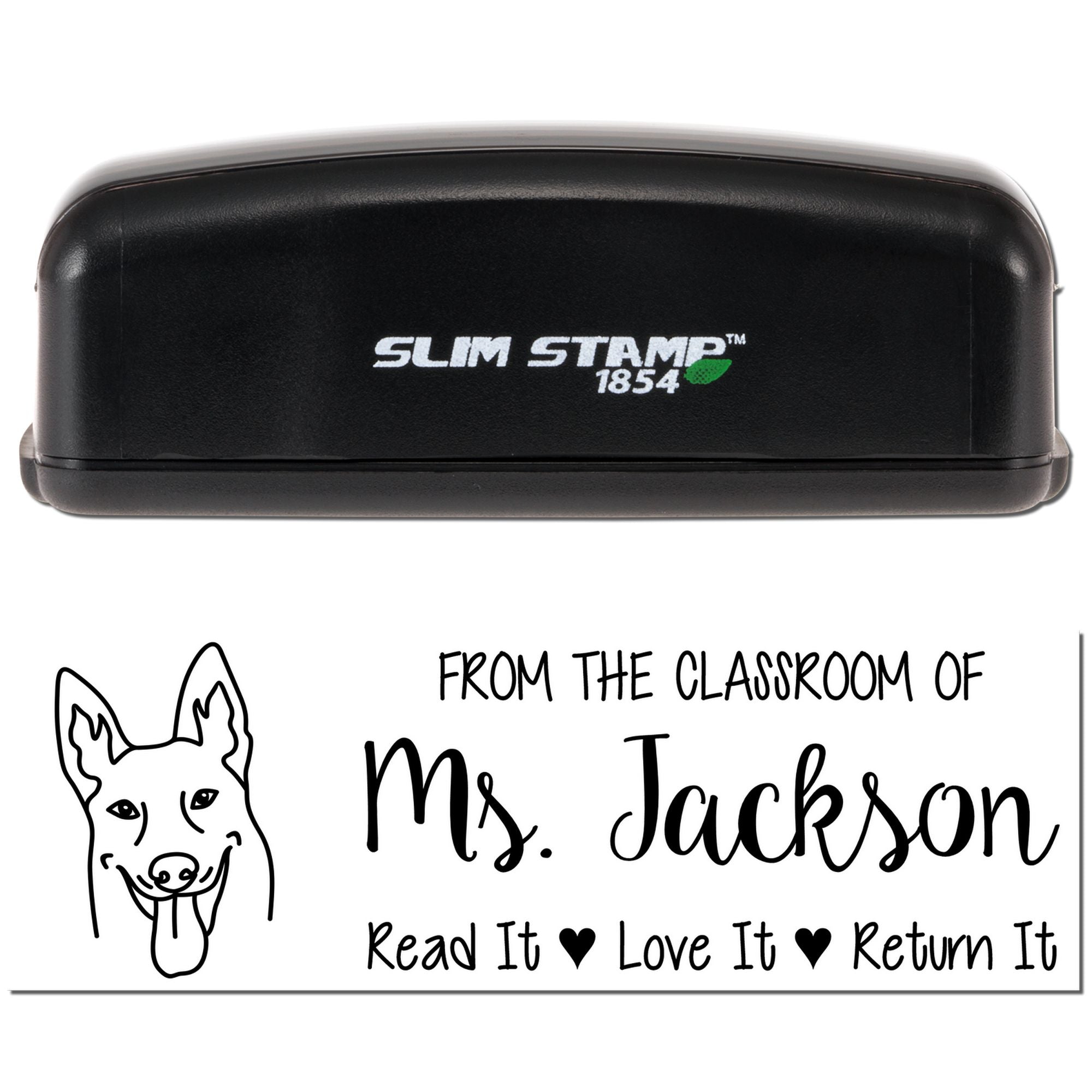 Slim Stamp 1854 self-inking classroom rubber stamp with dog design and From the classroom of Ms. Jackson book return message.