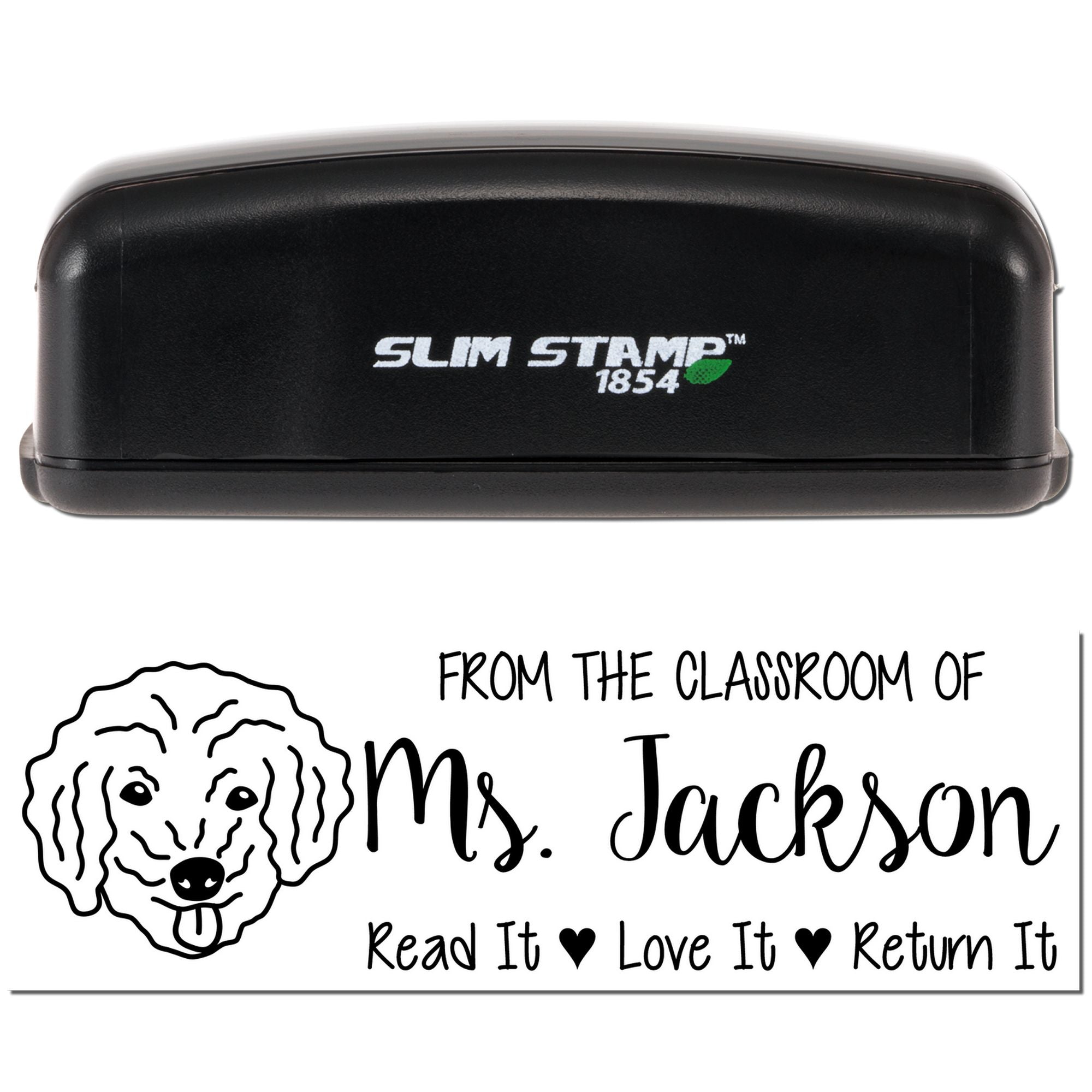 Slim Stamp 1854 self-inking rubber stamp for teachers, with From the classroom of Ms. Jackson and Read It Love It Return It design.