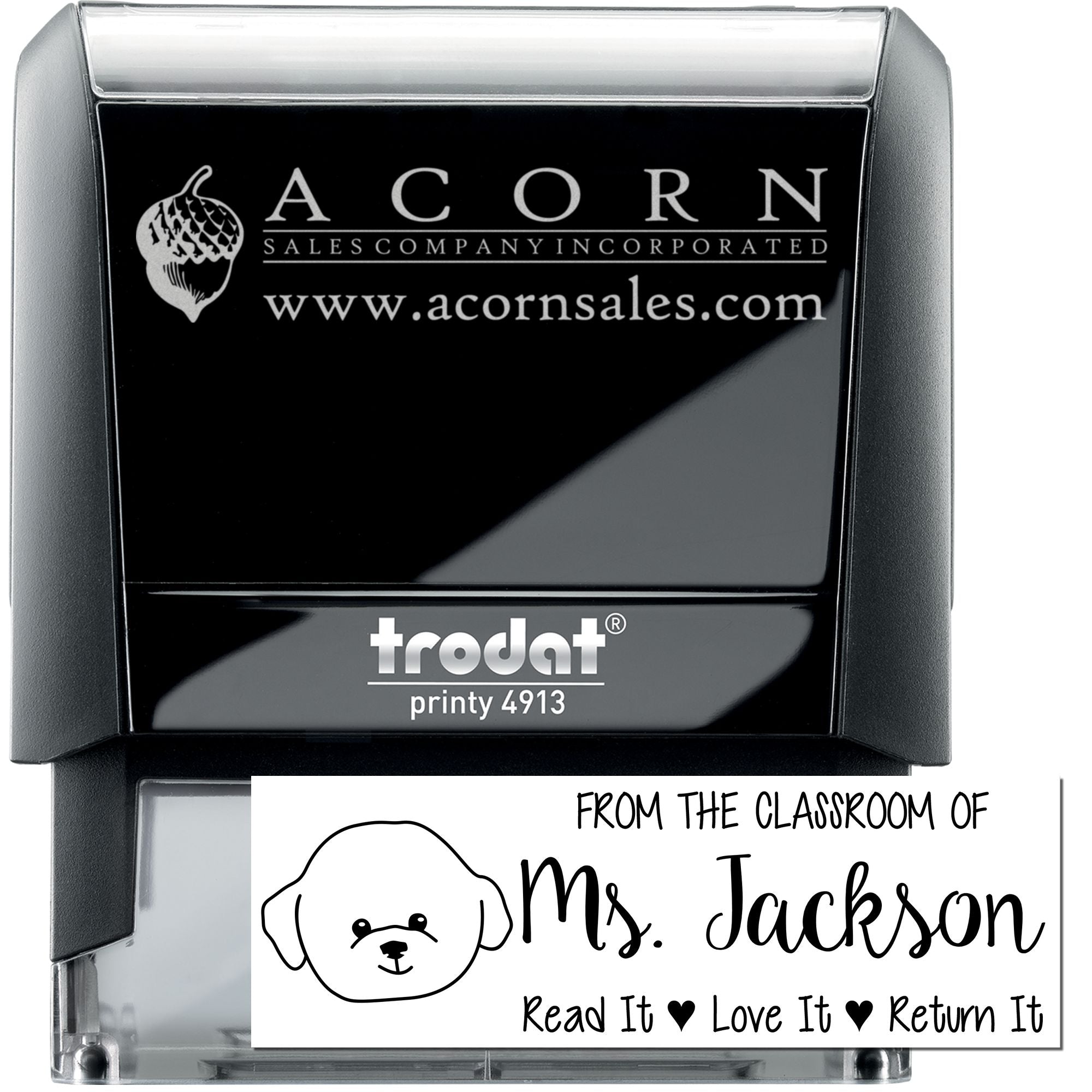 Custom self-inking rubber stamp examples: business logo stamp and classroom book return stamp for teachers and offices.