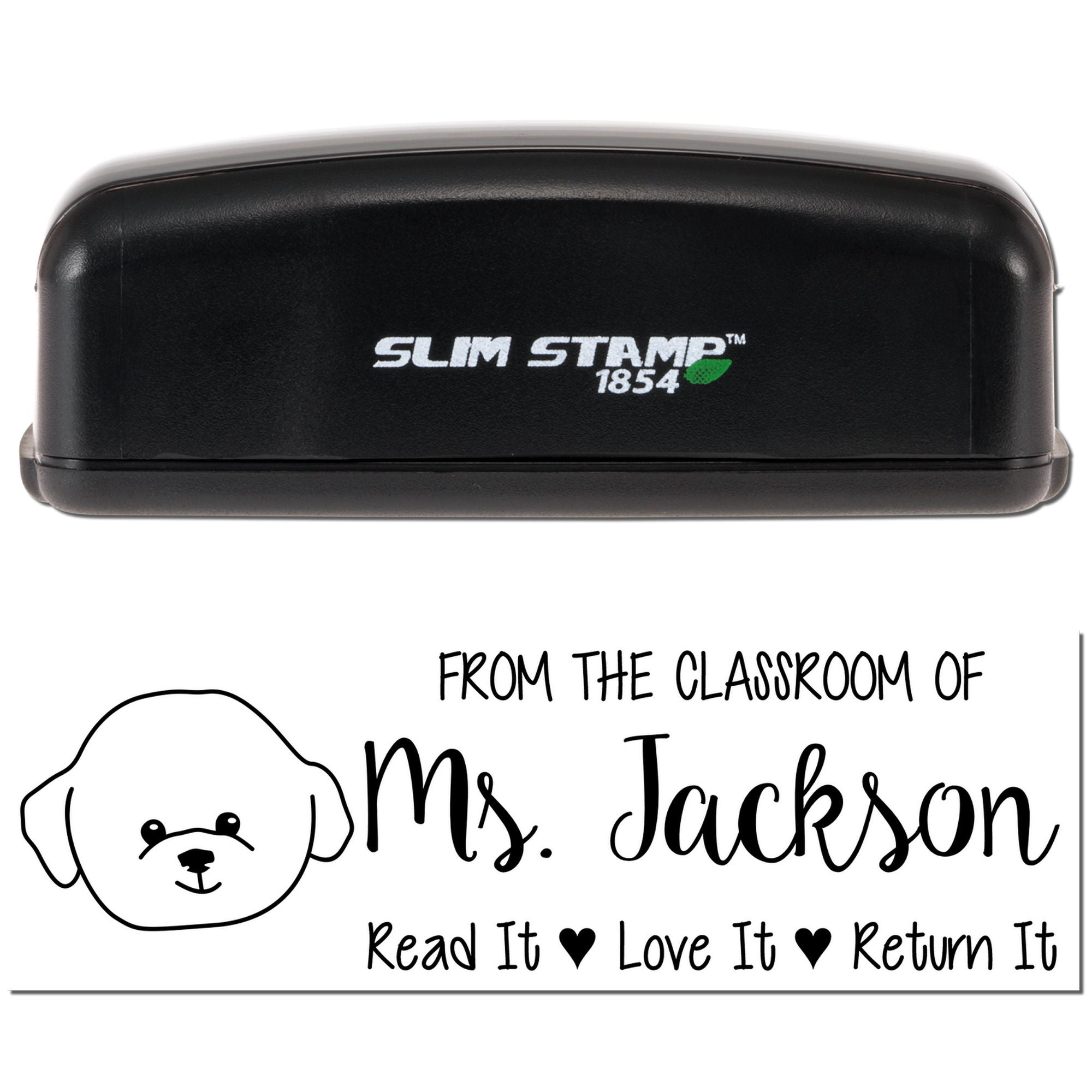 Personalized classroom rubber stamp for Mrs. Jackson with dog design and Read It Love It Return It book label.