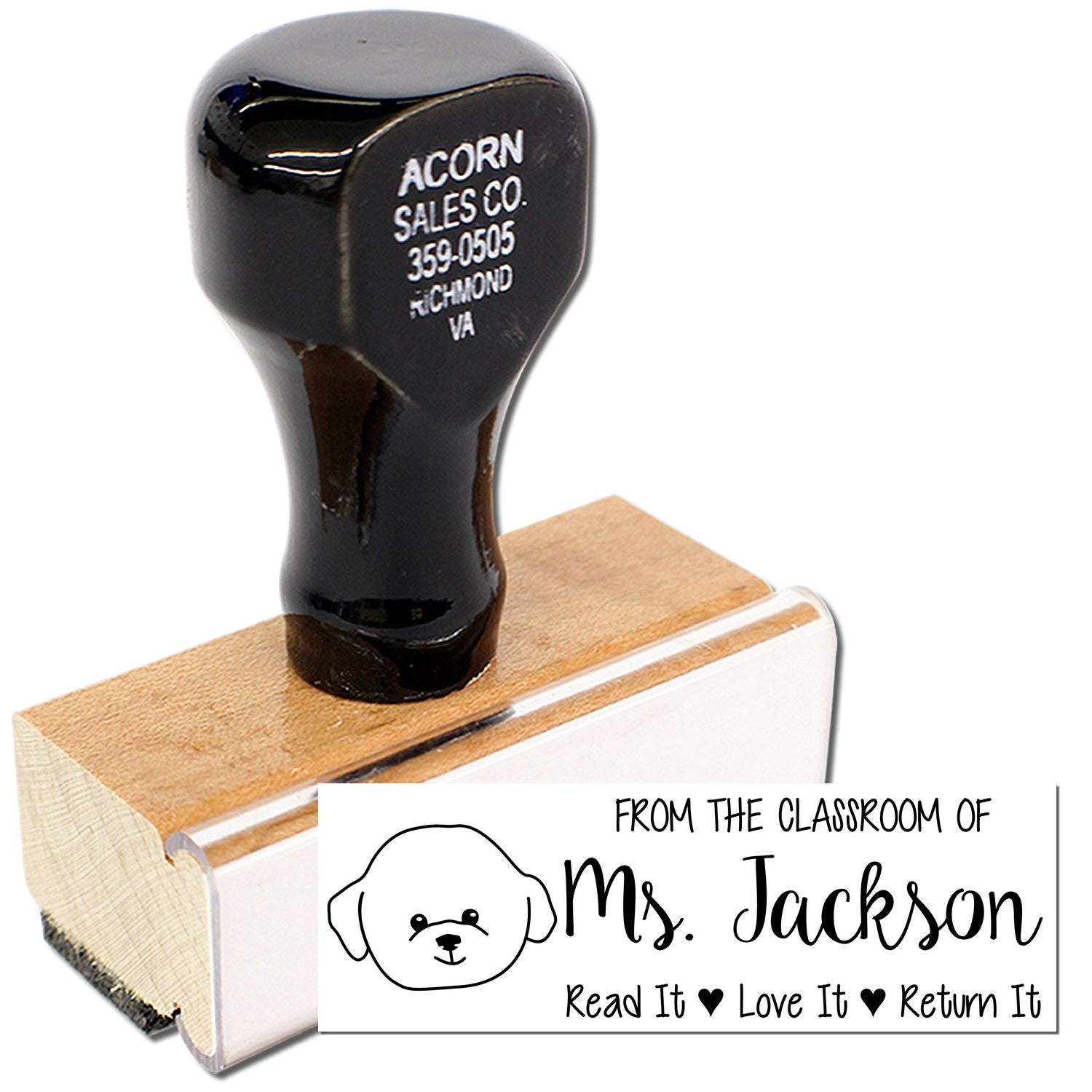 Personalized classroom book rubber stamp for Ms. Jackson, Read It, Love It, Return It with dog icon.