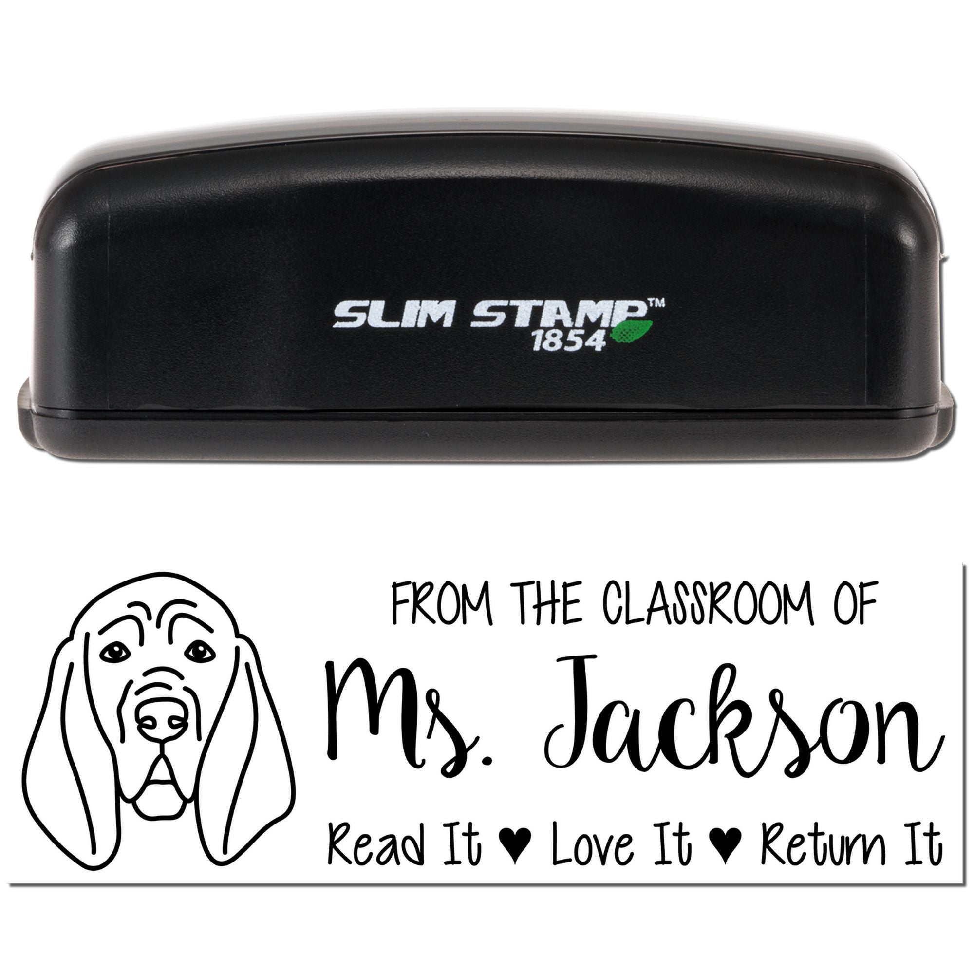 Teacher classroom rubber stamp, Slim Stamp 1854, featuring Read It, Love It, Return It book label for Mrs. Jackson.