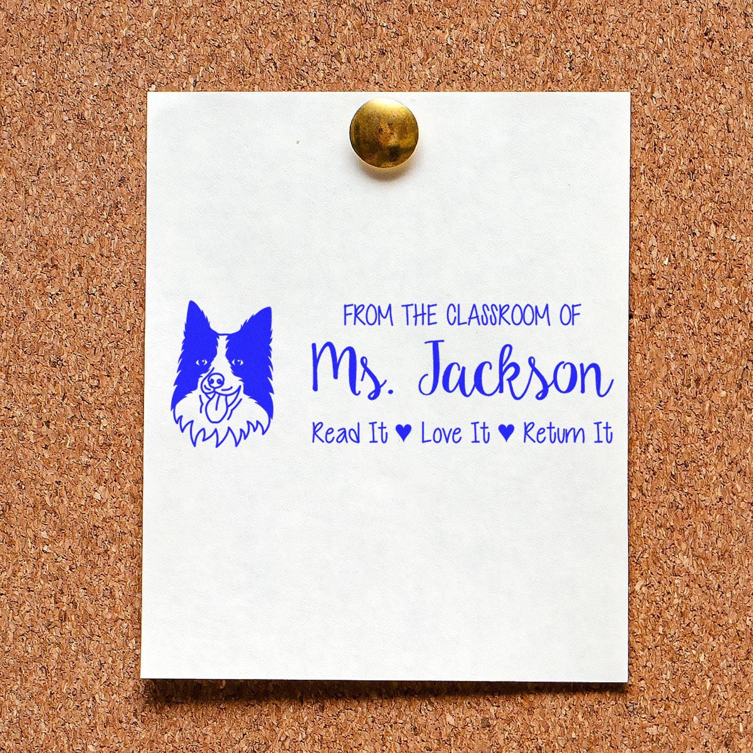 Personalized teacher rubber stamp imprint with dog graphic: From the classroom of Mrs. Jackson, Read It Love It Return It.