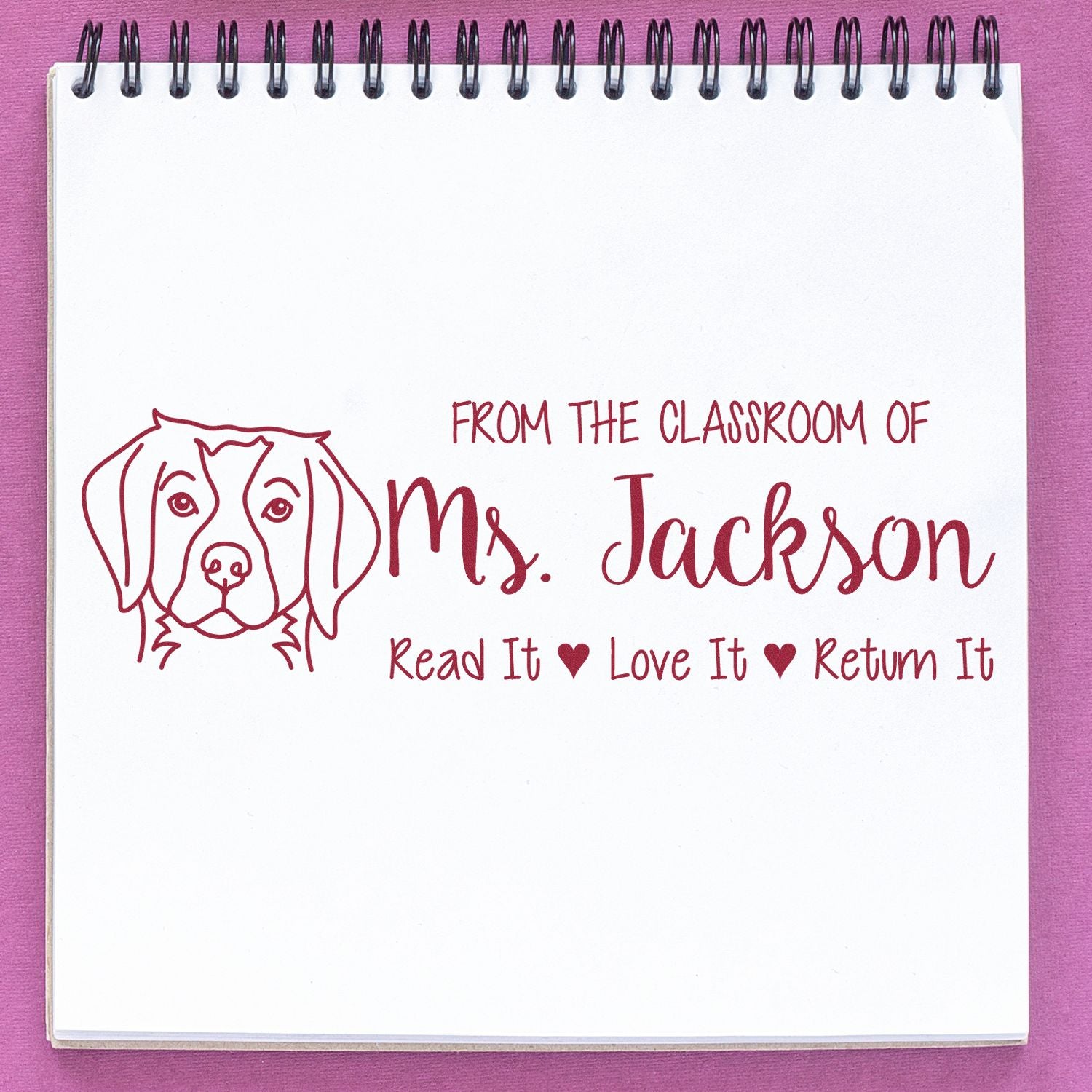 Custom teacher book rubber stamp with dog art: From the classroom of Mrs. Jackson, Read It Love It Return It.