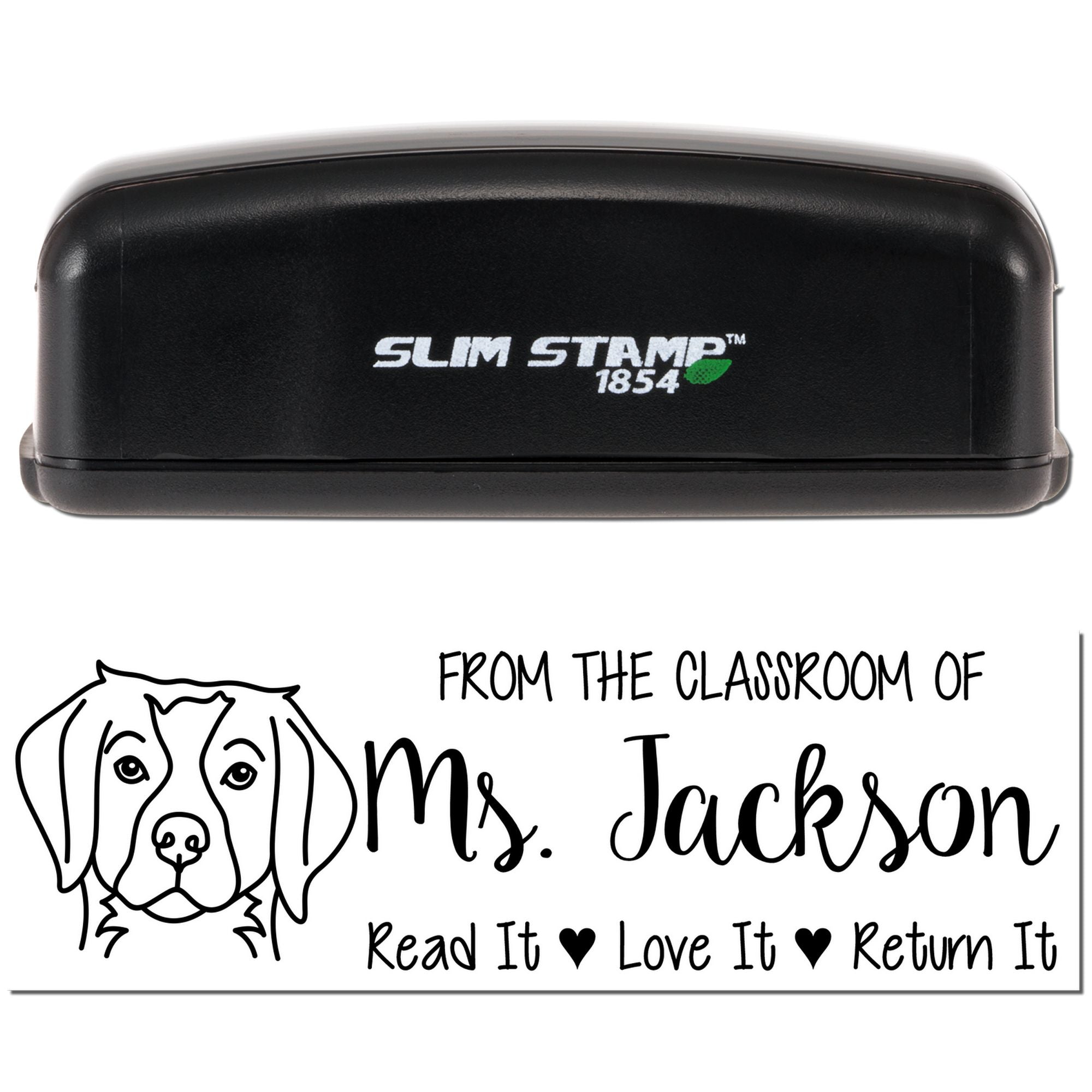 Slim Stamp 1854 personalized rubber stamp for classroom books with dog design and Ms. Jackson return-it message.