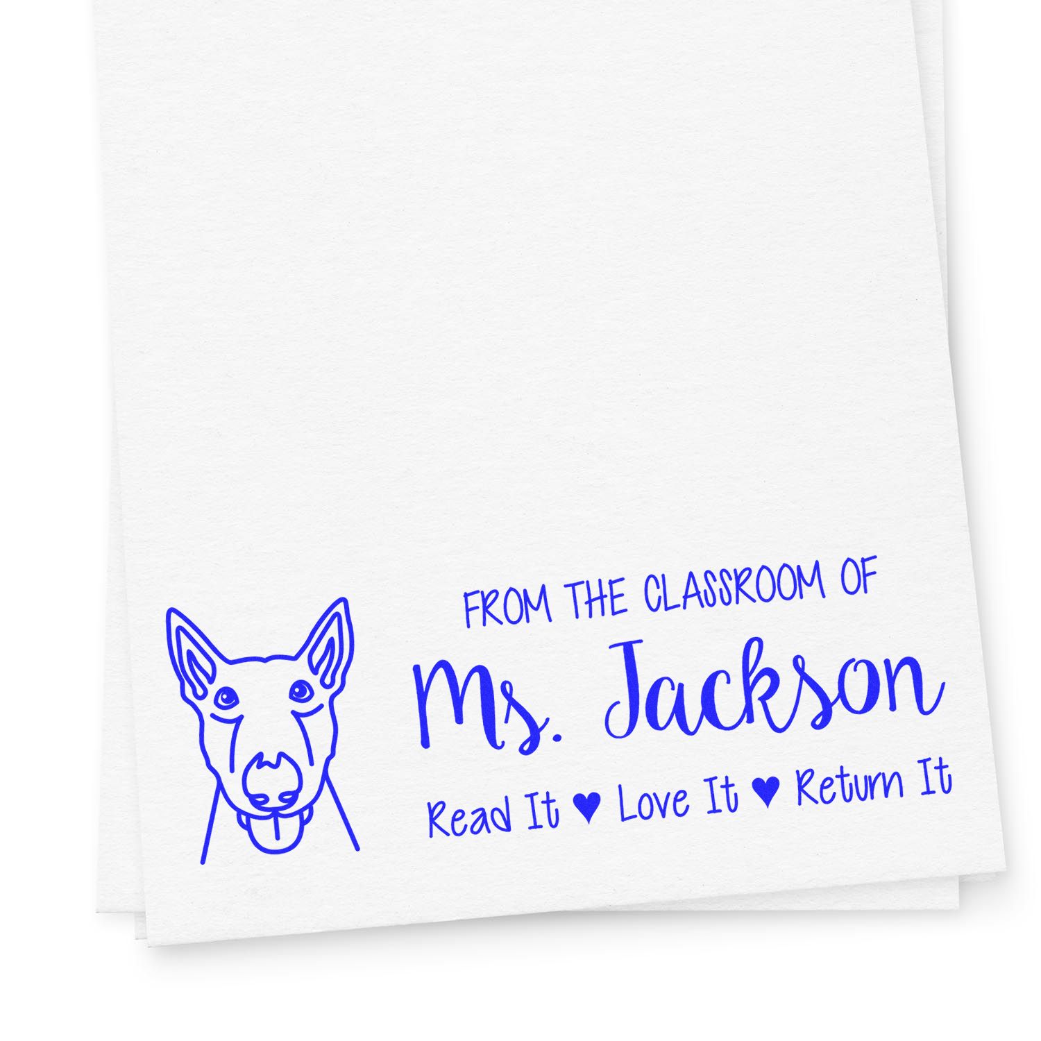 Personalized teacher rubber stamp for classroom books, reading From the Classroom of Ms. Jackson: Read It, Love It, Return It.