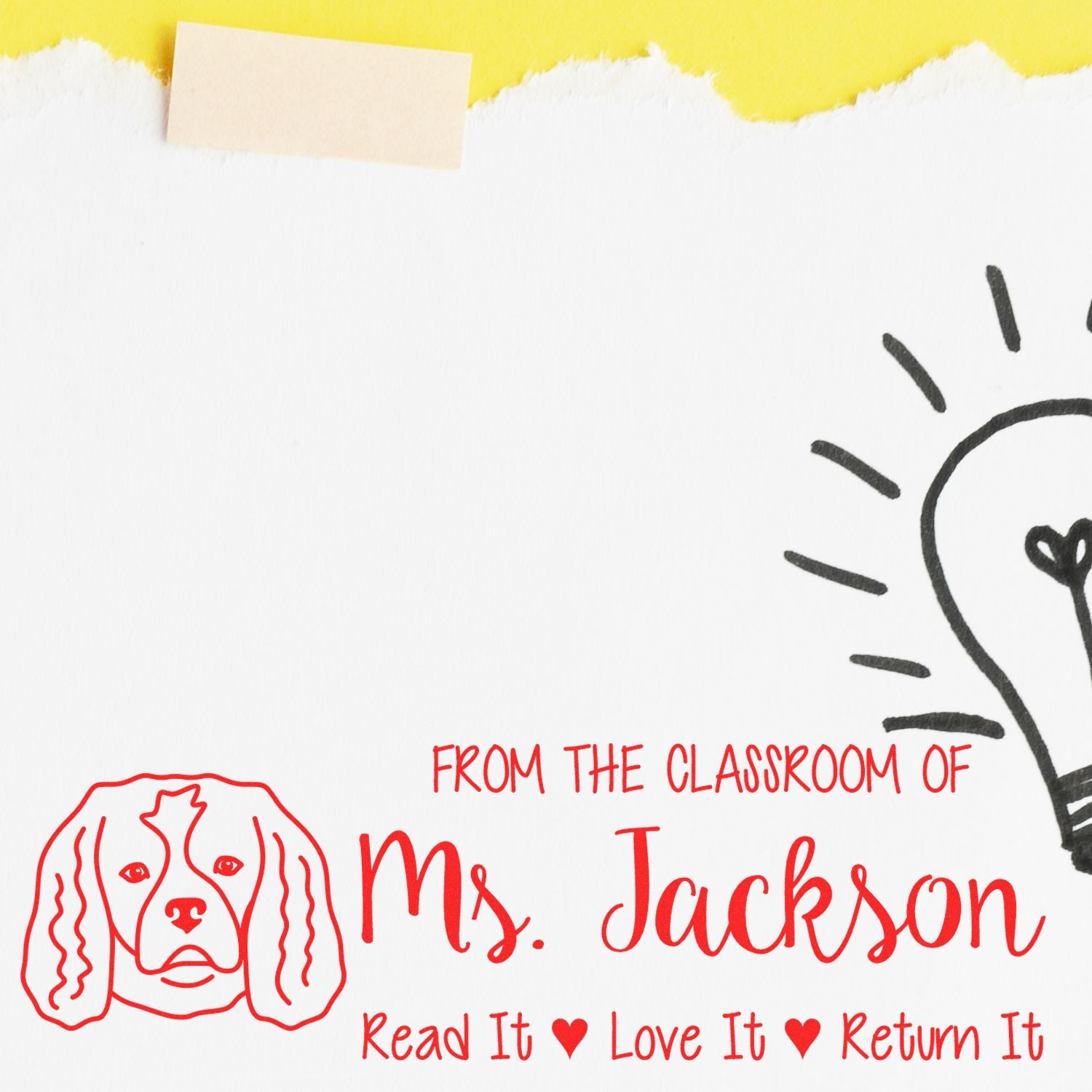 Personalized teacher rubber stamp with dog logo and From the Classroom of Ms. Jackson read-it, love-it, return-it message.