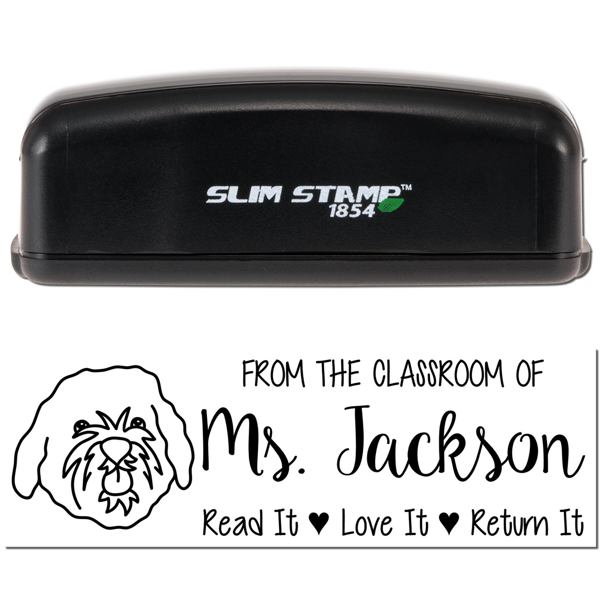 Custom classroom rubber stamp with Slim Stamp 1854, Ms. Jackson, and Read It, Love It, Return It message.