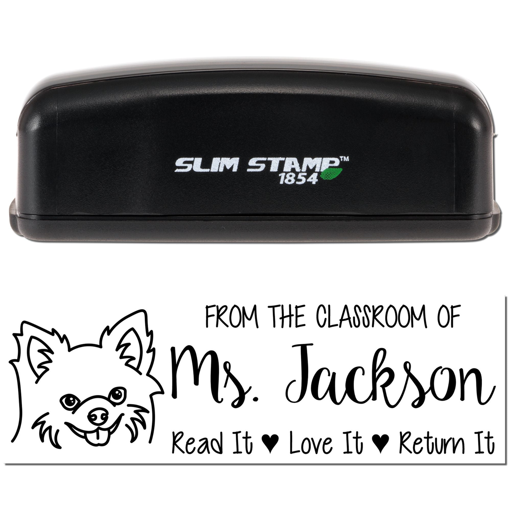 Slim Stamp 1854 self-inking teacher rubber stamp with Ms. Jackson classroom message: Read It, Love It, Return It.
