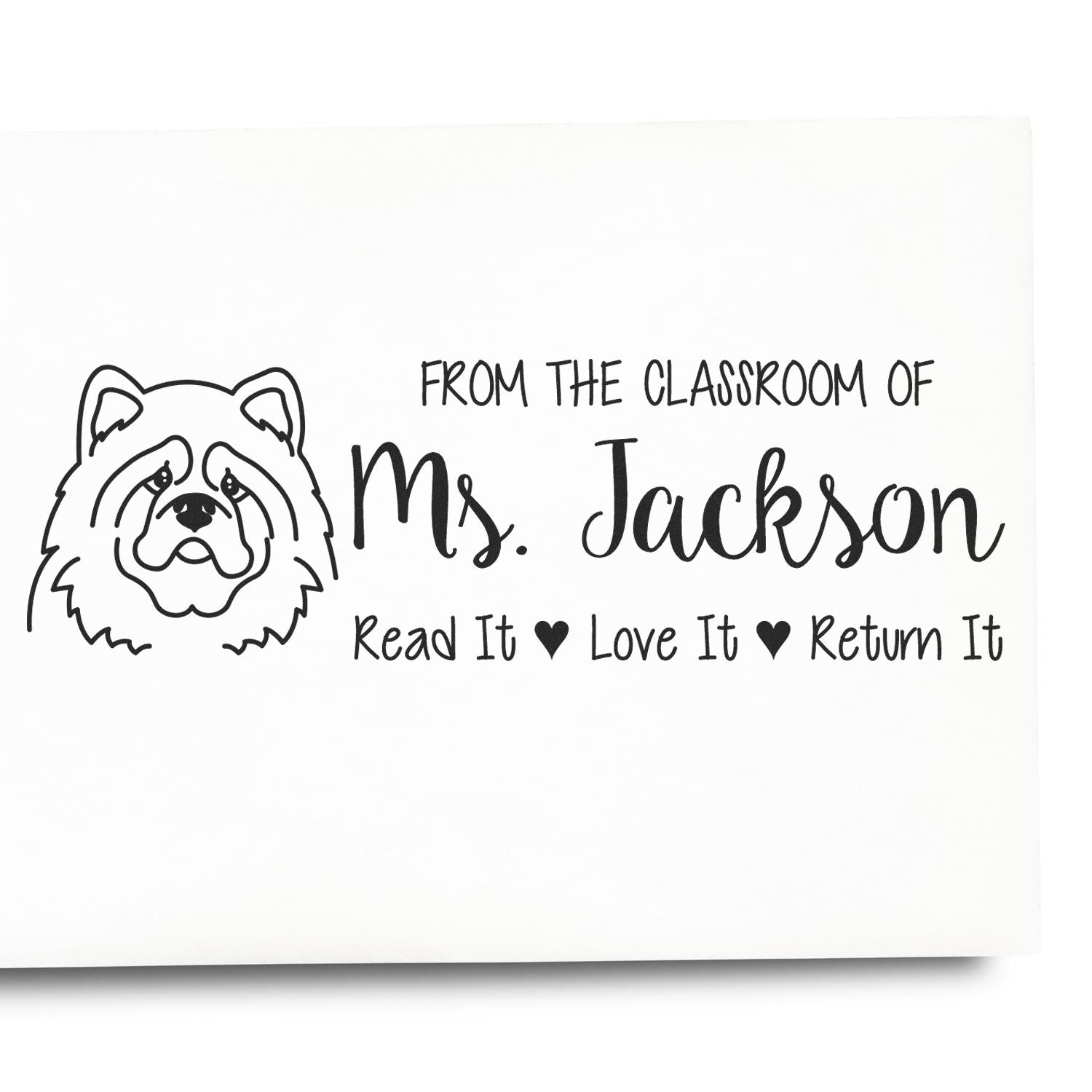 Custom teacher rubber stamp with cute animal design and From the Classroom of Ms. Jackson Read It, Love It, Return It text.