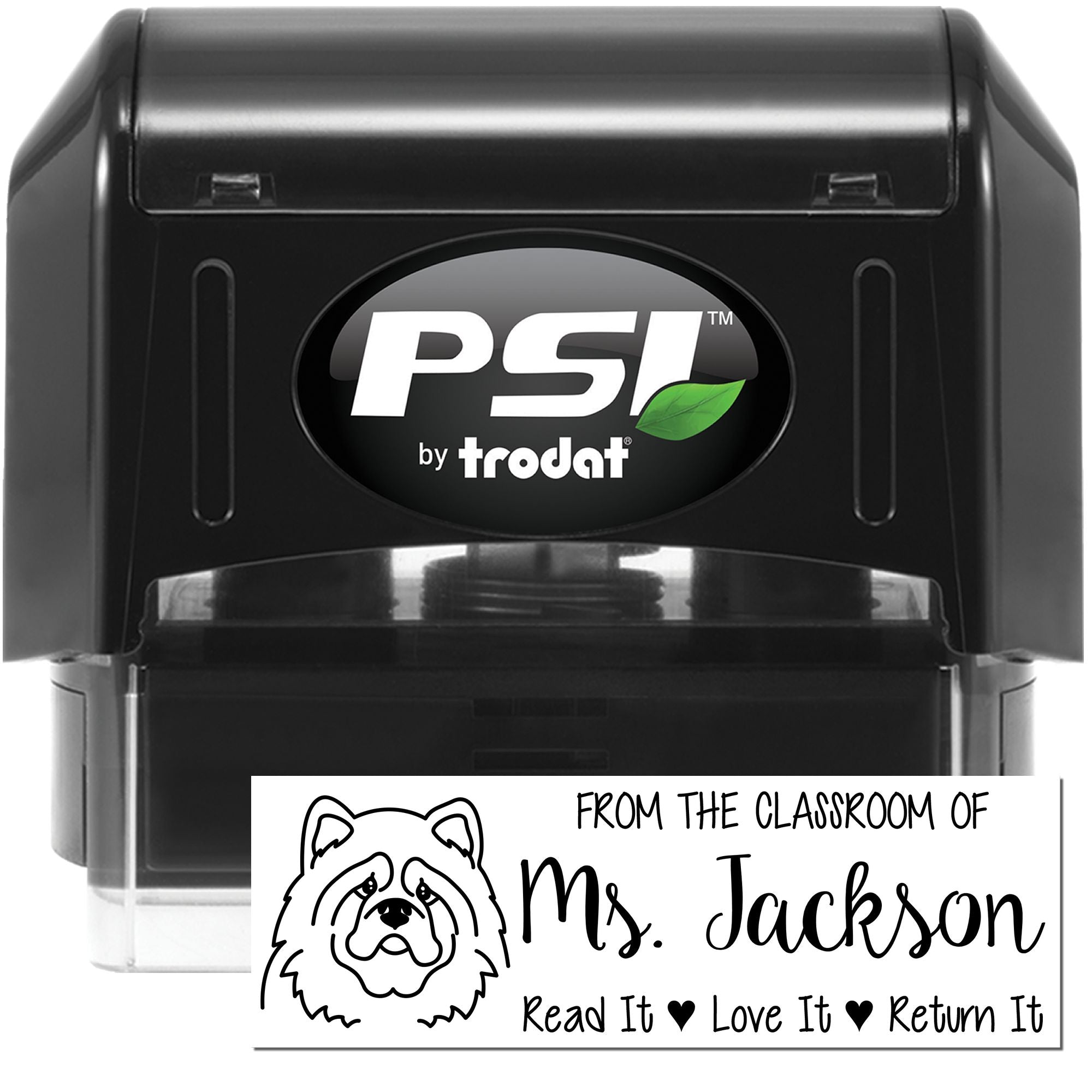 PSI by Trodat self-inking classroom book stamp for Ms. Jackson, featuring dog design and Read It, Love It, Return It message.