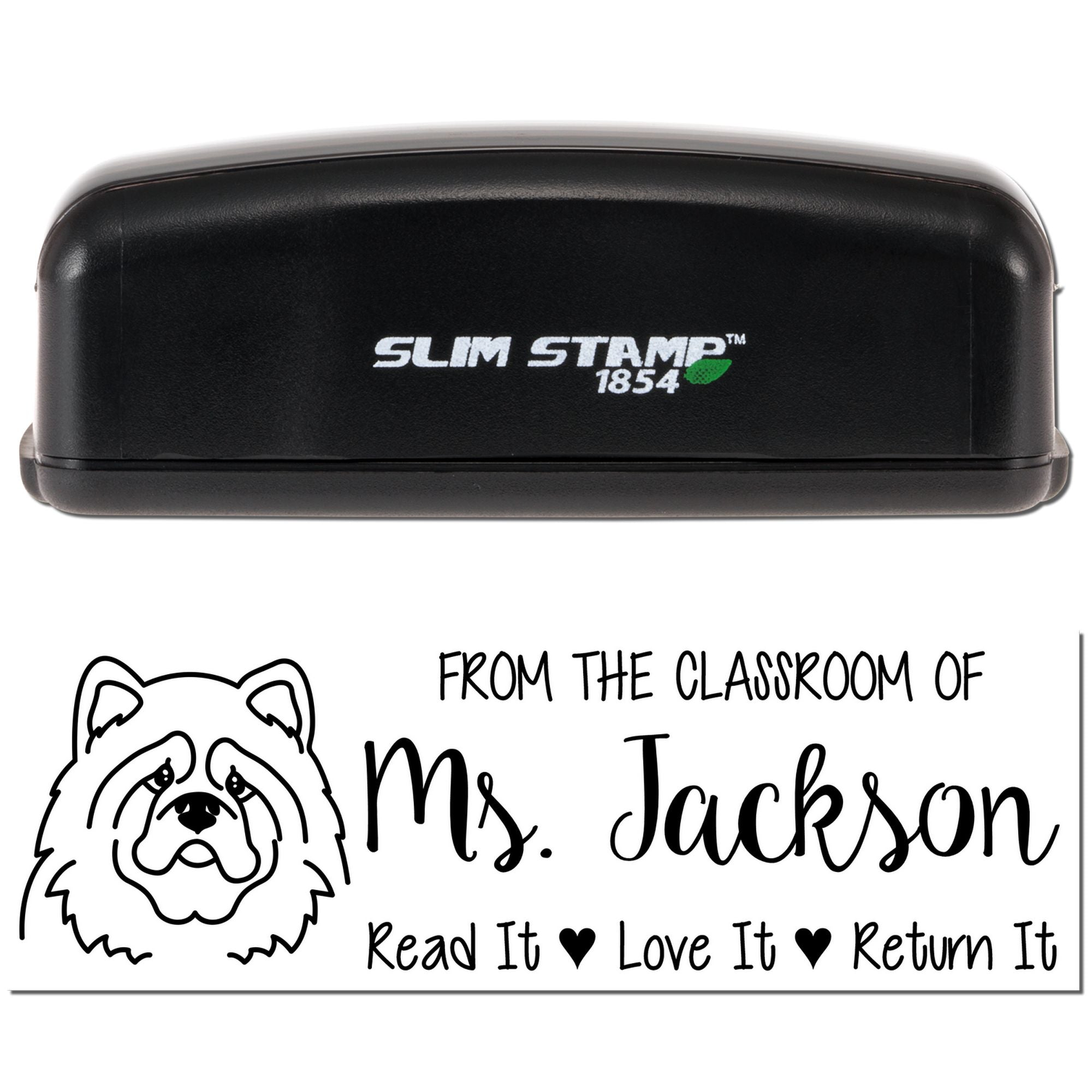Custom teacher rubber stamp with bulldog design, From the classroom of Mrs. JacksonRead It, Love It, Return It message.