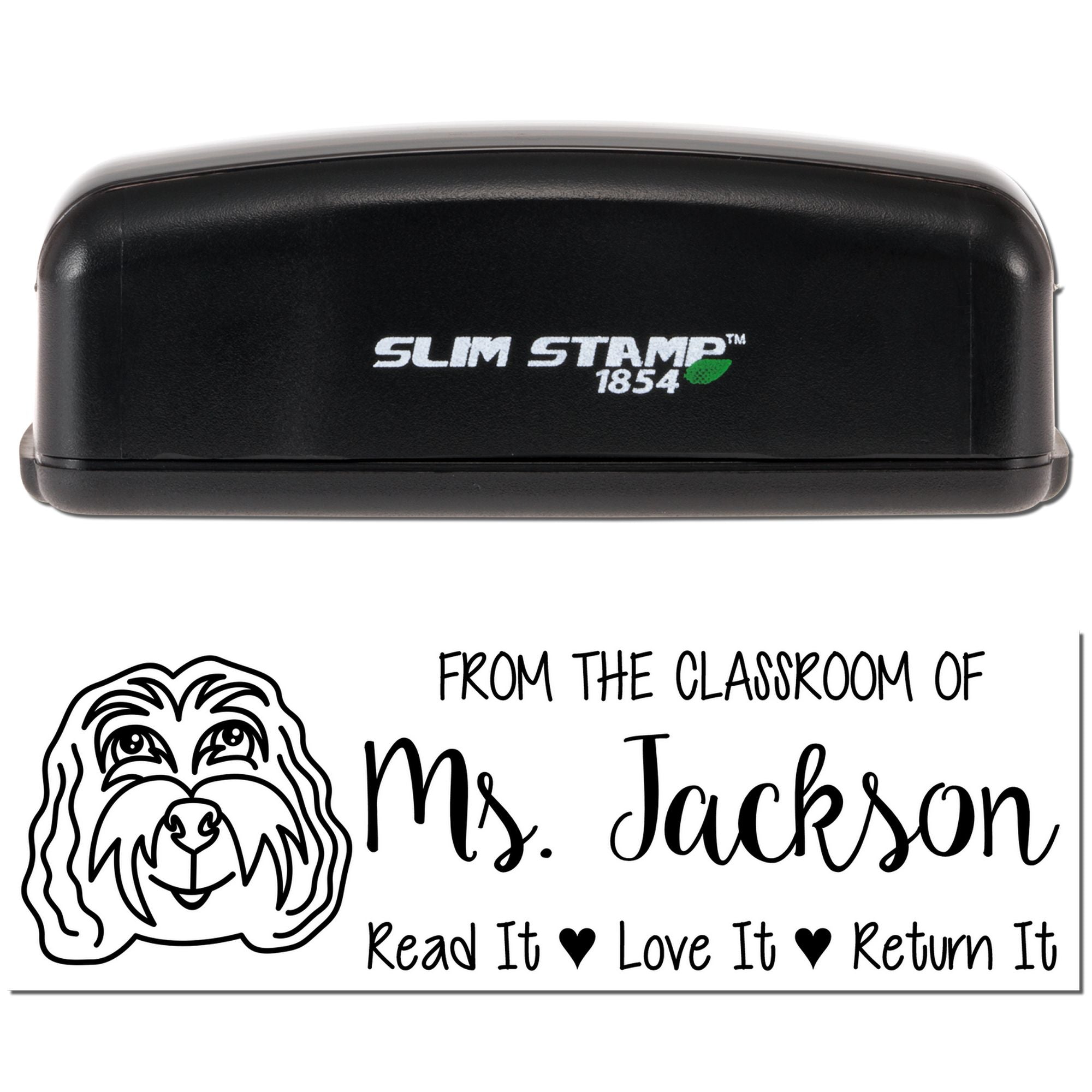 Personalized teacher rubber stamp, Slim Stamp 1854, for Mrs. Jackson: read it, love it, return it classroom message.