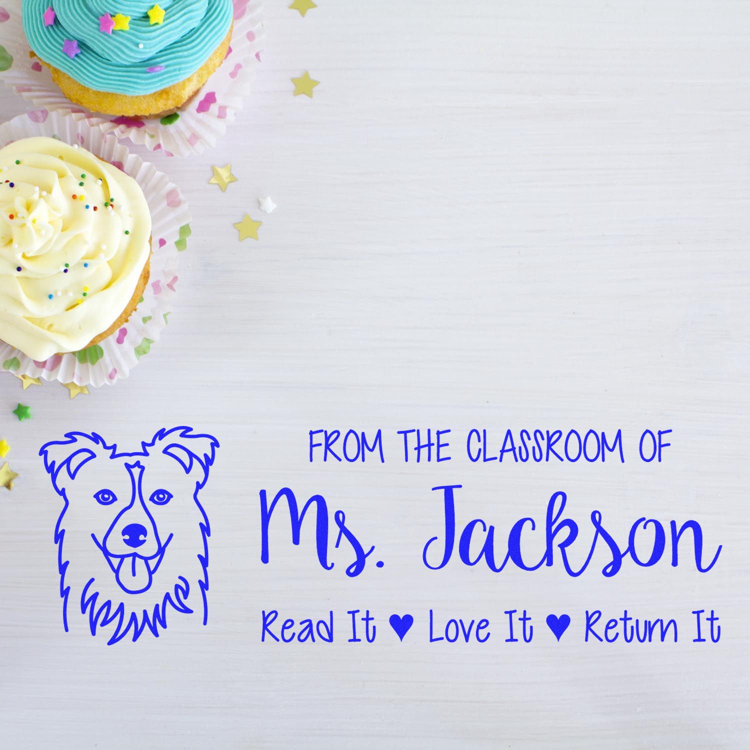 Personalized teacher classroom rubber stamp for Ms. Jackson with dog icon: Read It, Love It, Return It.
