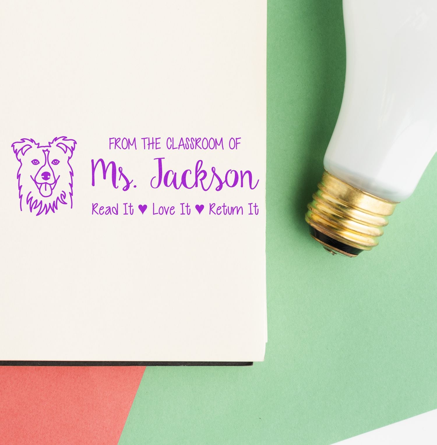 Personalized teacher book stamp for Ms. Jackson, reading Read It, Love It, Return It with dog classroom design.