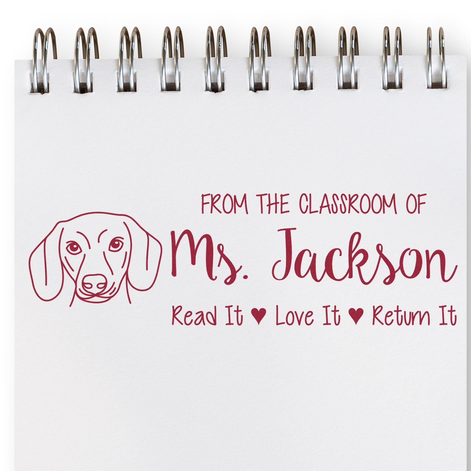 Personalized teacher rubber stamp for classroom books: From the Classroom of Ms. Jackson, Read It, Love It, Return It.