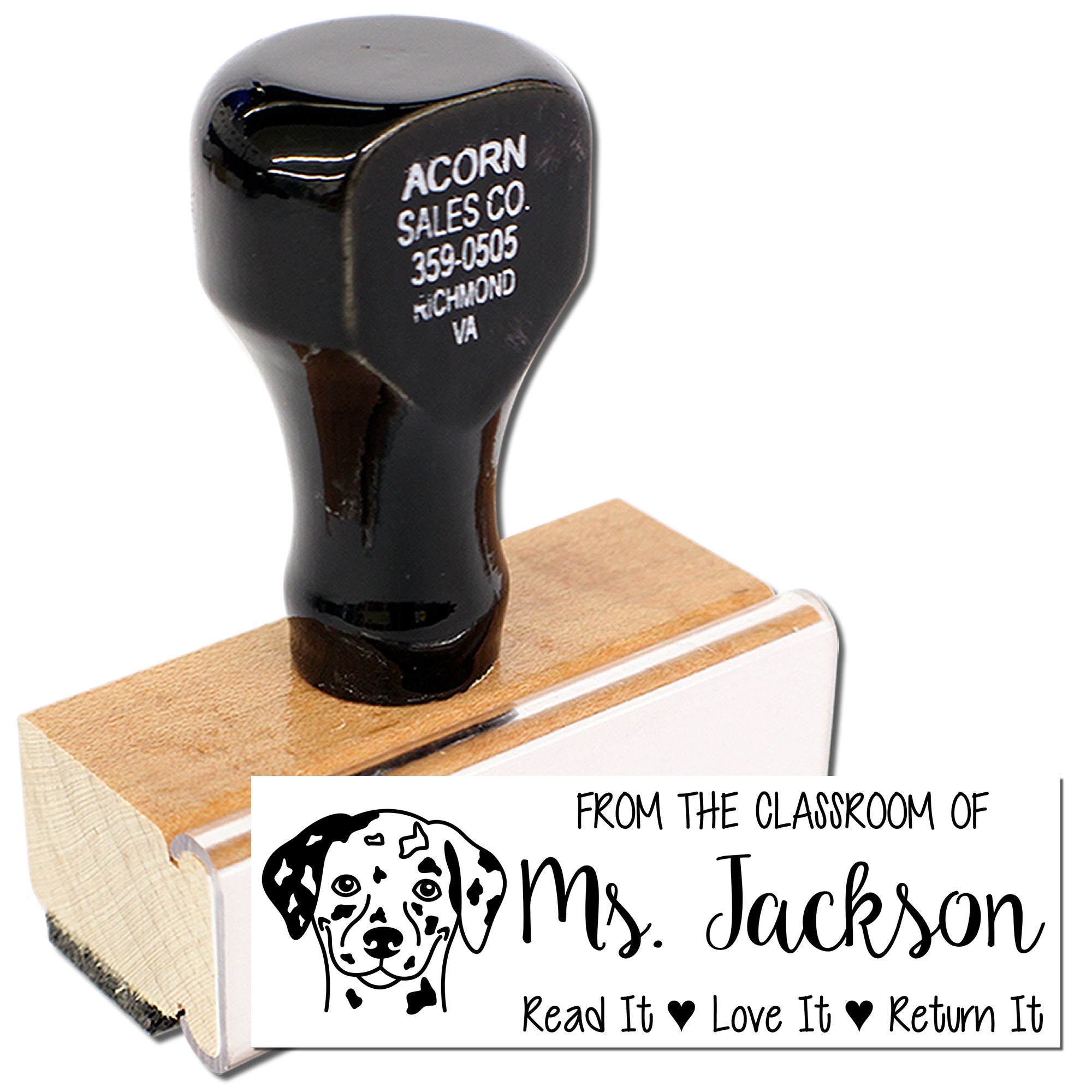 Custom teacher rubber stamp for classroom books, personalized with Ms. Jackson and Read It, Love It, Return It message.