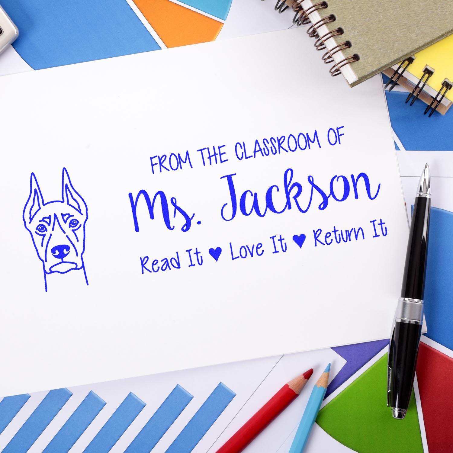 Custom teacher rubber stamp for Ms. Jackson with dog icon and Read It, Love It, Return It classroom book label.