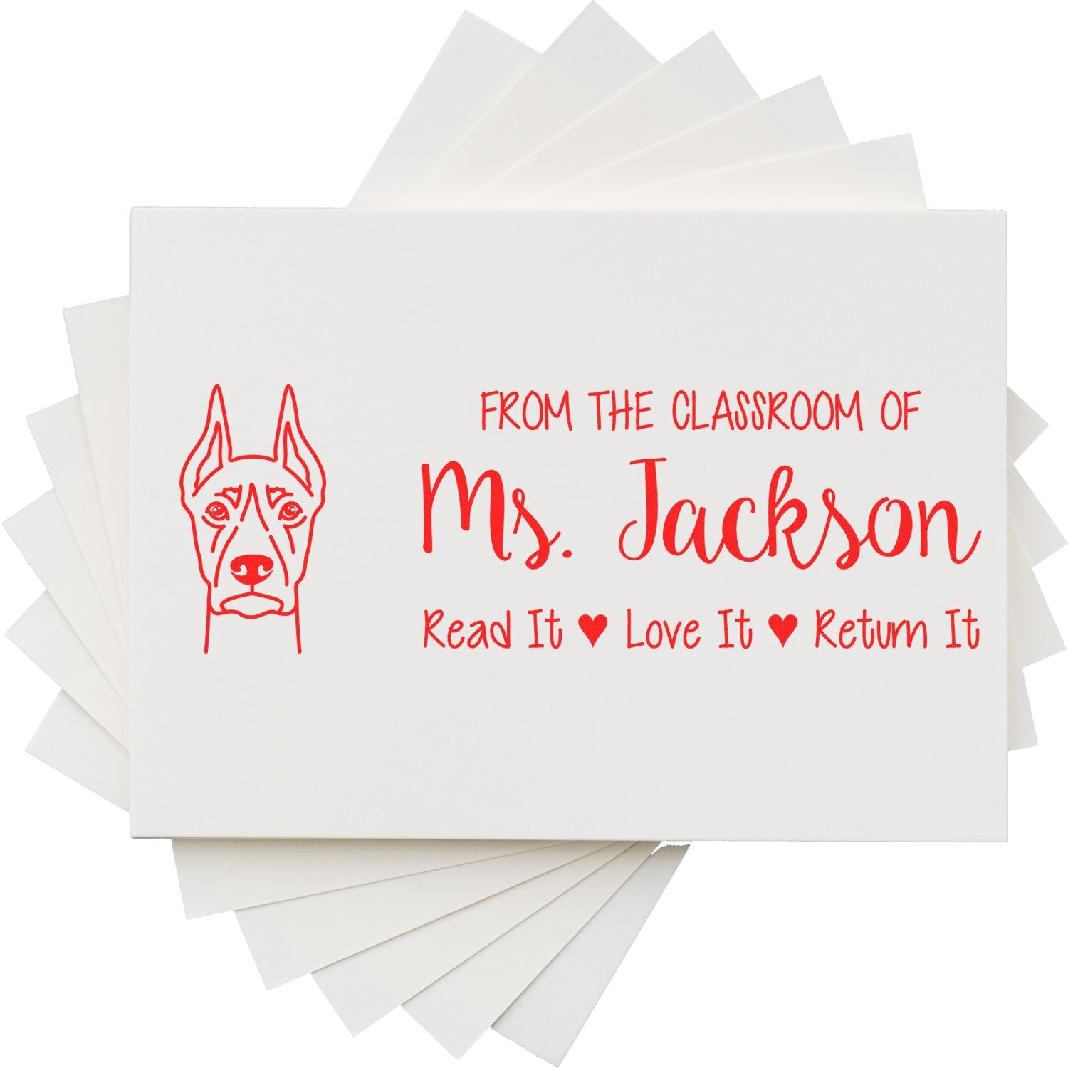 Personalized teacher rubber stamp for classroom library books, featuring Ms. Jackson and a dog icon with Read It, Love It, Return It.