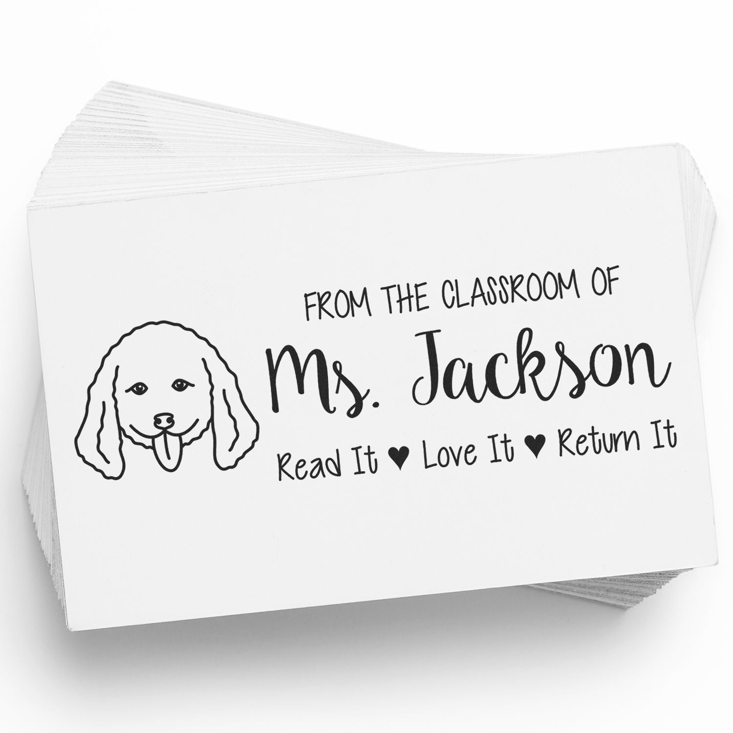 Personalized teacher book stamp with dog design, reading From the Classroom of Ms. Jackson, Read It, Love It, Return It.