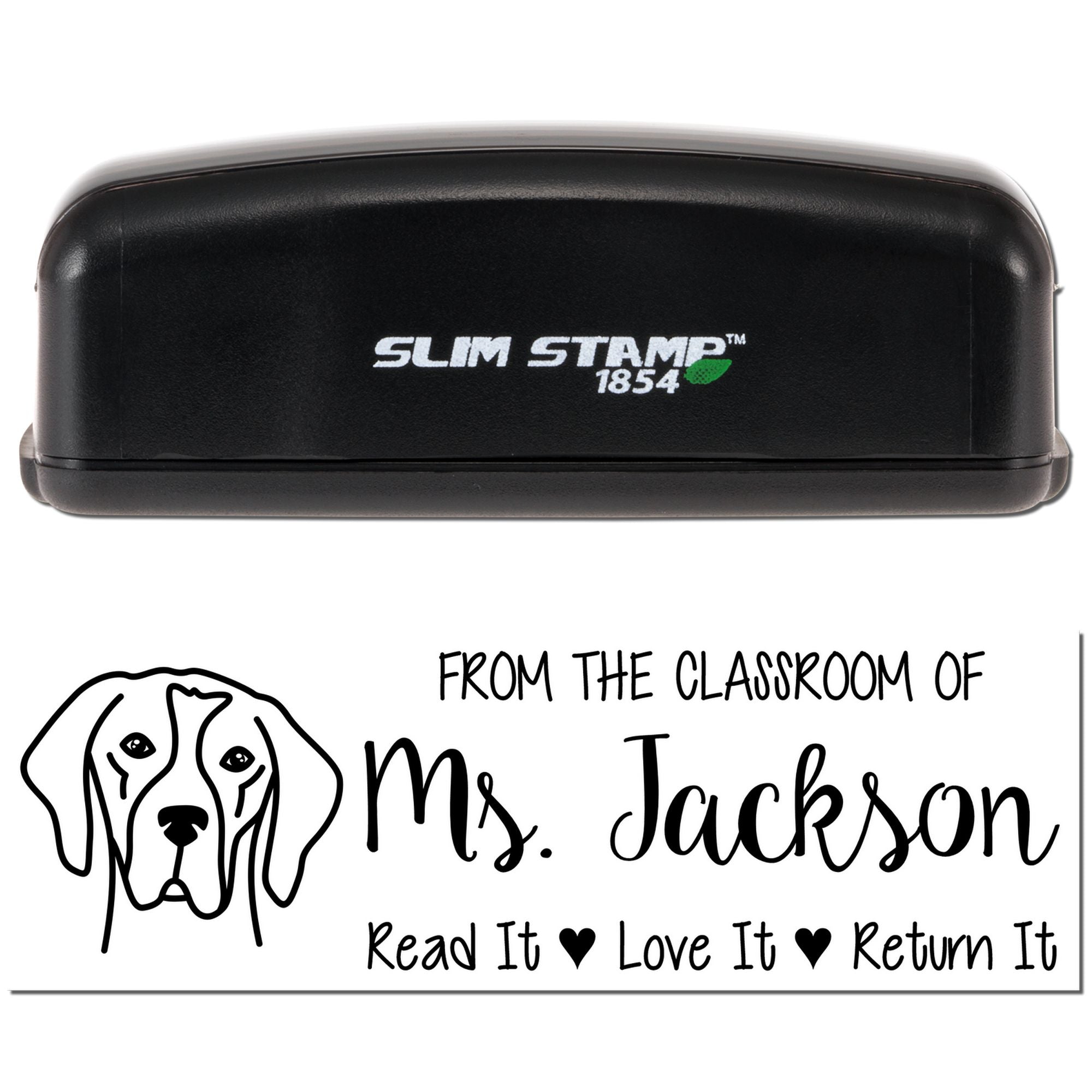 Custom self-inking rubber stamp for teachers, featuring a dog design and From the classroom of Ms. Jackson book return message.