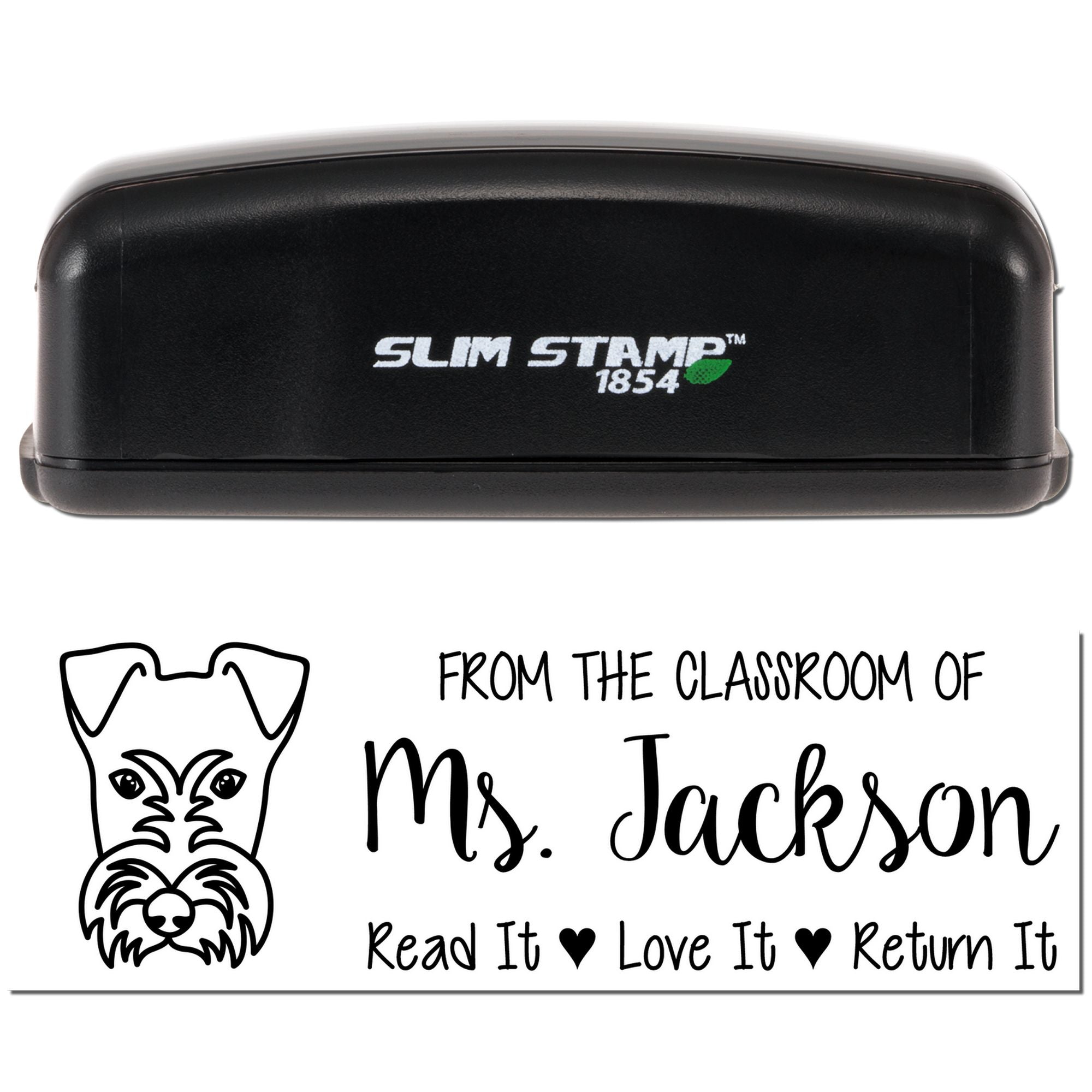 Custom classroom book rubber stamp, Slim Stamp 1854, with Ms. Jackson Read It Love It Return It dog design.