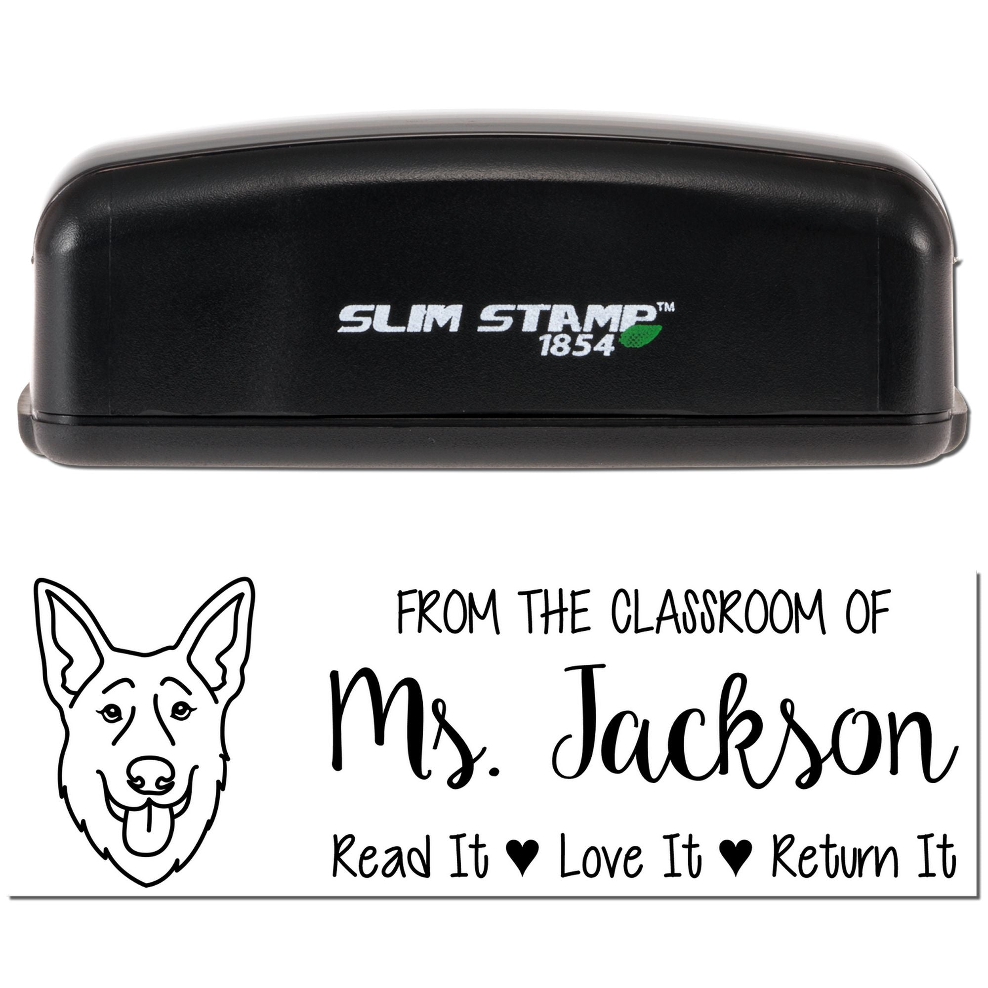 Custom classroom library rubber stamp, Slim Stamp 1854, with dog design and Read It, Love It, Return It book label.