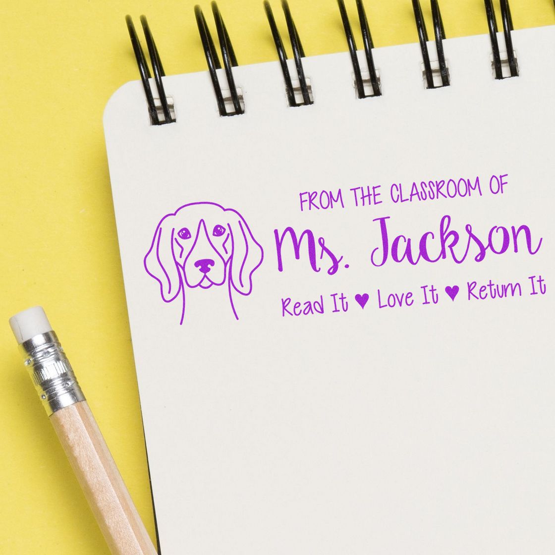 Custom rubber stamp for classroom books: From the classroom of Ms. JacksonRead it, Love it, Return it with dog design.