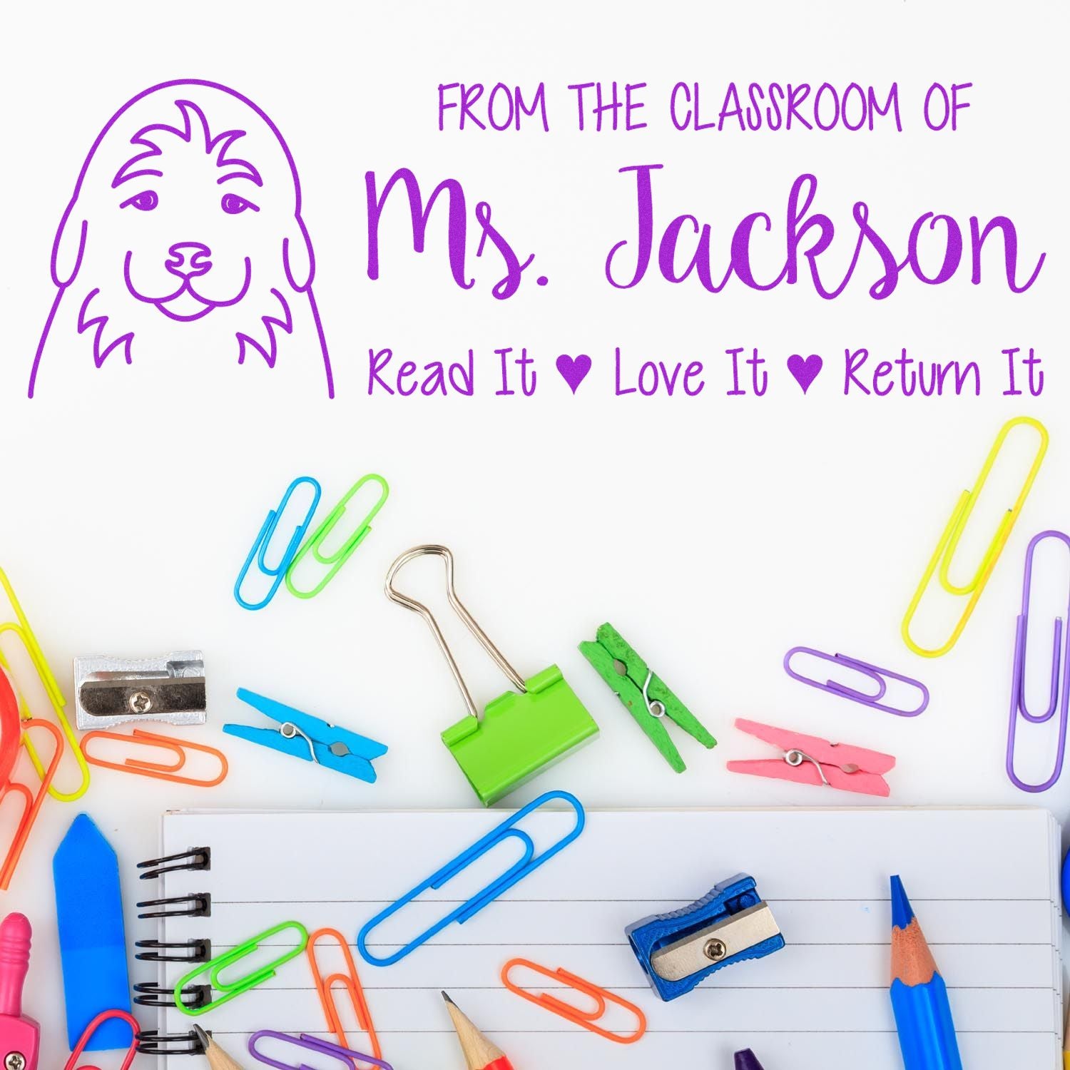 Custom teacher book stamp with dog art and From the classroom of Ms. Jackson Read It, Love It, Return It text.
