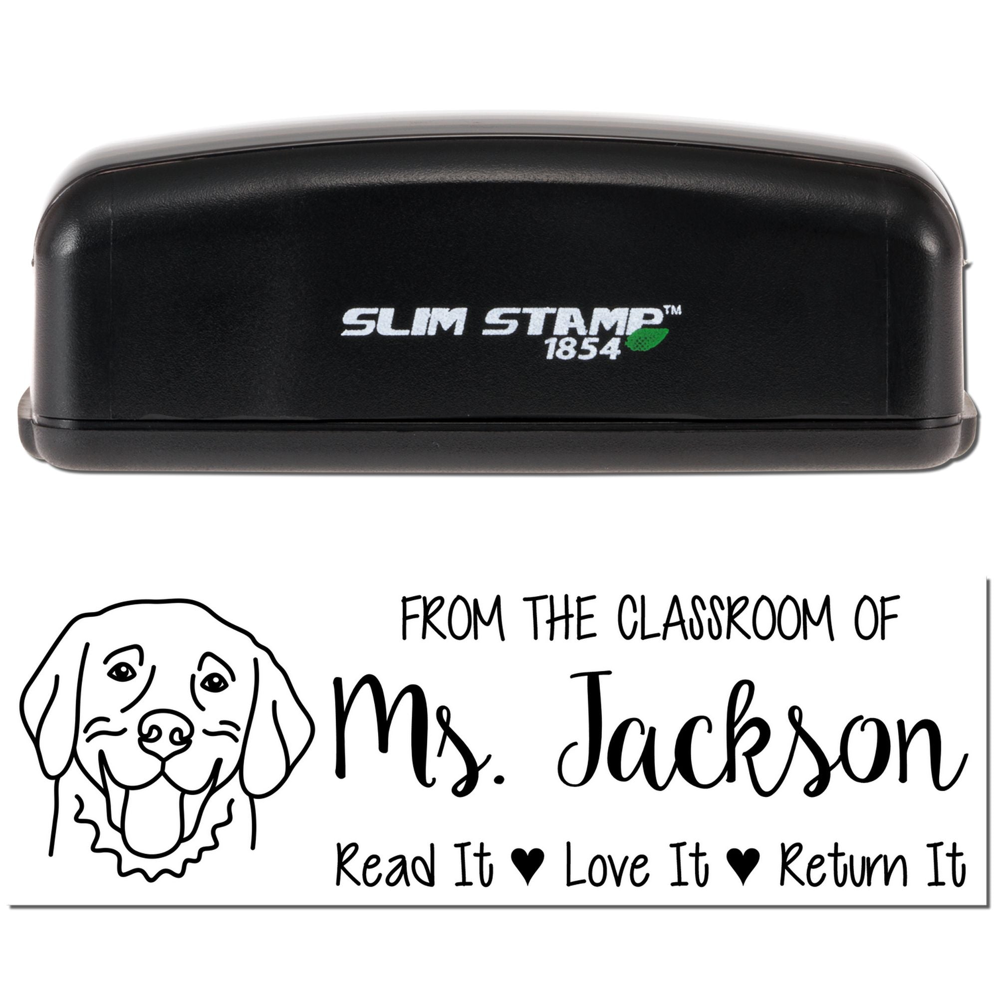 Personalized teacher rubber stamp, Slim Stamp 1854, with custom classroom bookplate design for Ms. Jackson and return message.