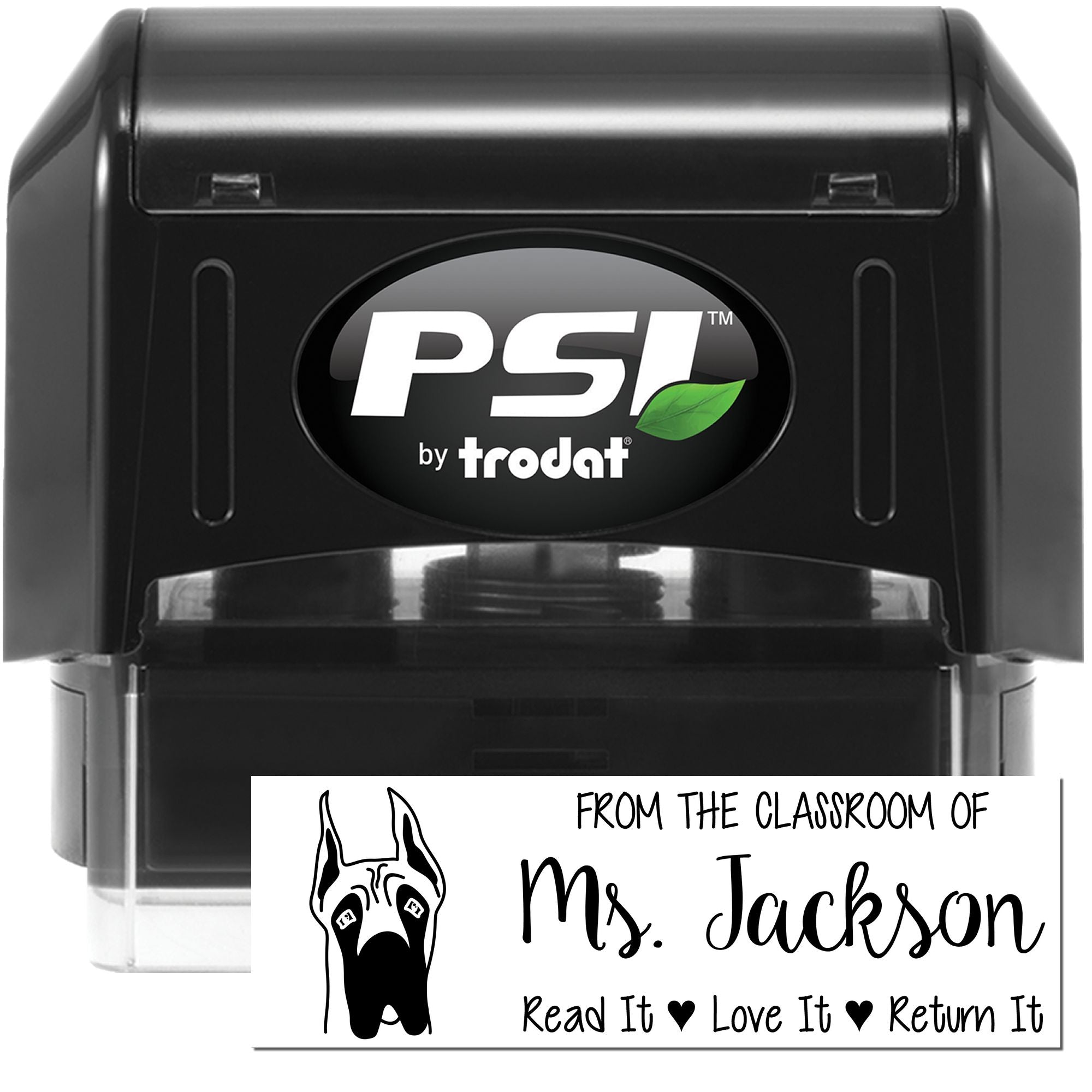 PSI by Trodat self-inking classroom rubber stamp with custom teacher name and Read It, Love It, Return It message.