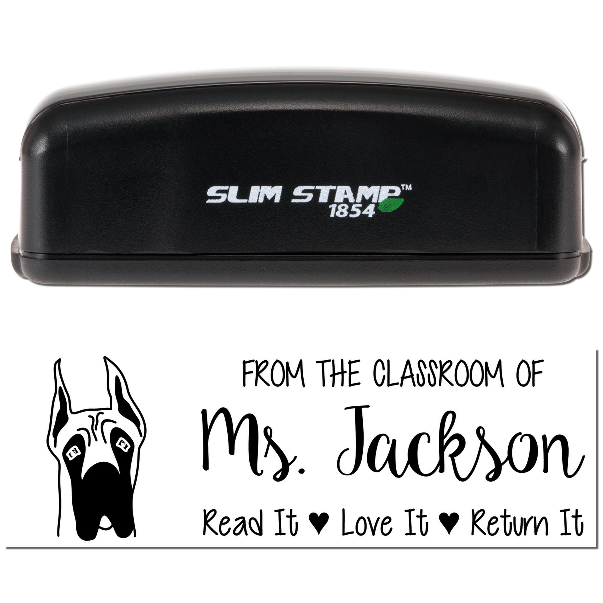 Personalized classroom book return stamp with Slim Stamp 1854 self-inking design for Ms. Jackson: Read It, Love It, Return It.