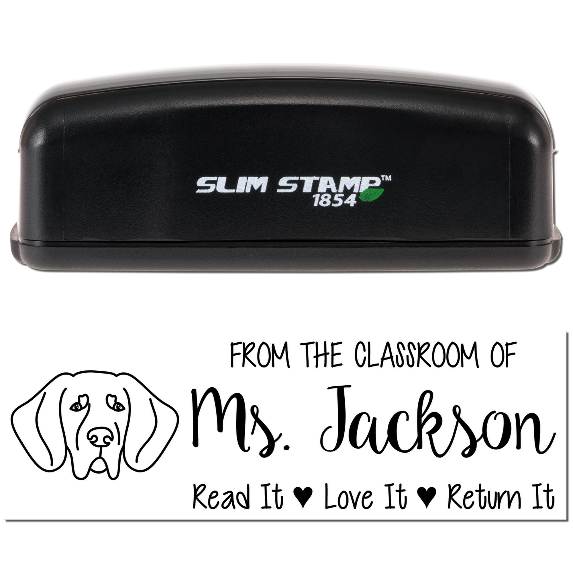 Slim Stamp custom classroom rubber stamp for Ms. Jackson with dog art and book return message: Read It, Love It, Return It.
