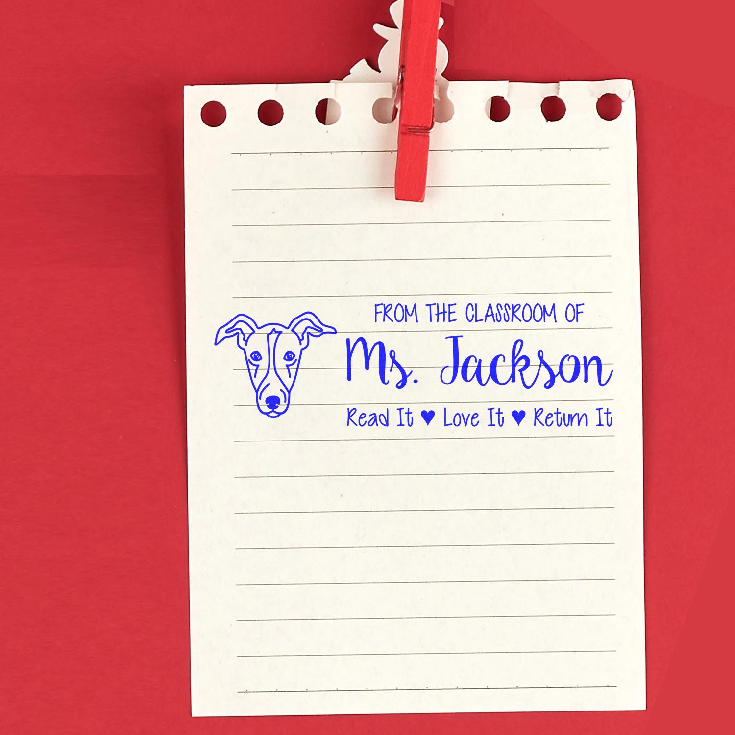 Custom teacher rubber stamp imprint with dog logo and Read It, Love It, Return It classroom book return message.