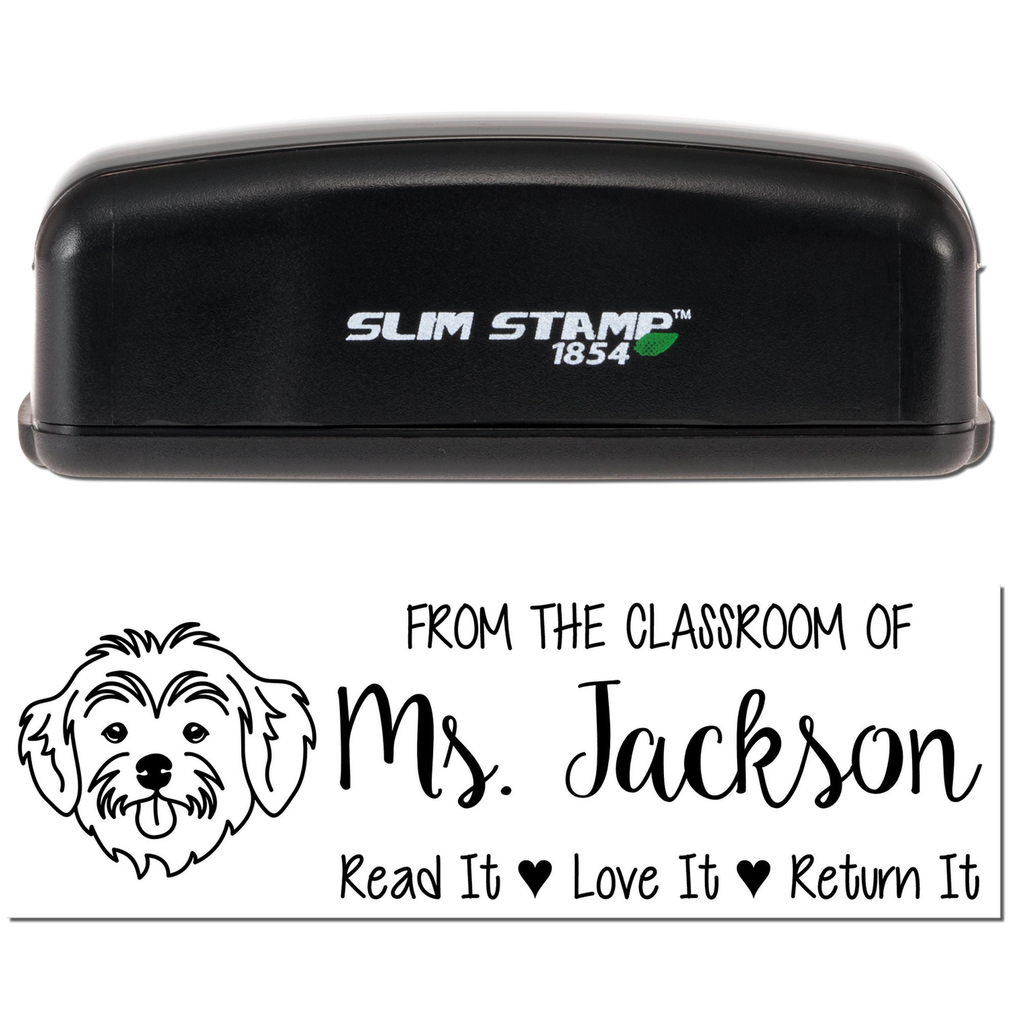Slim Stamp 1854 self-inking rubber stamp with custom classroom library design for Mrs. Jackson: Read It, Love It, Return It.