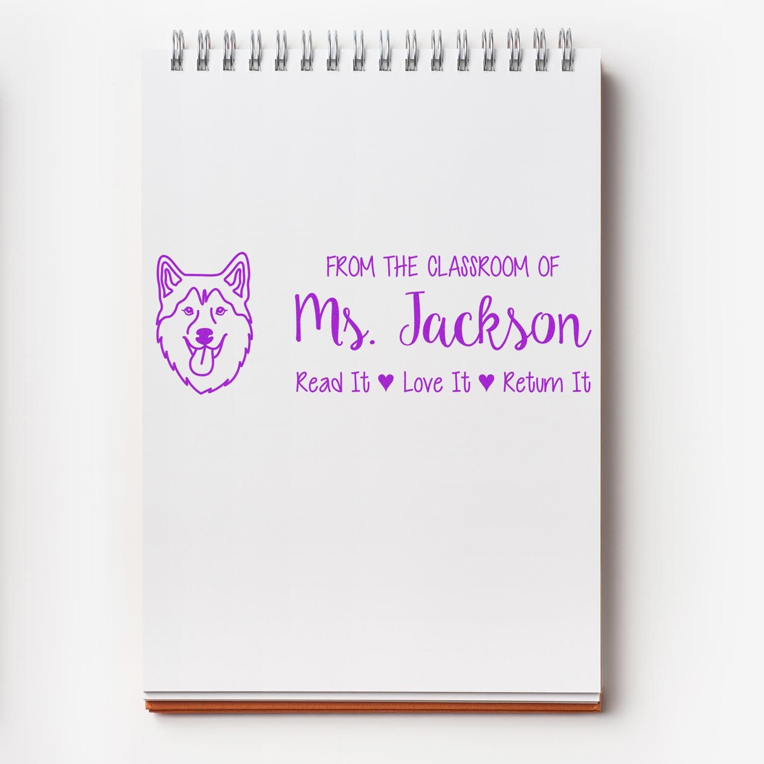 Personalized teacher book stamp with dog icon and From the classroom of Ms. JacksonRead It, Love It, Return It.