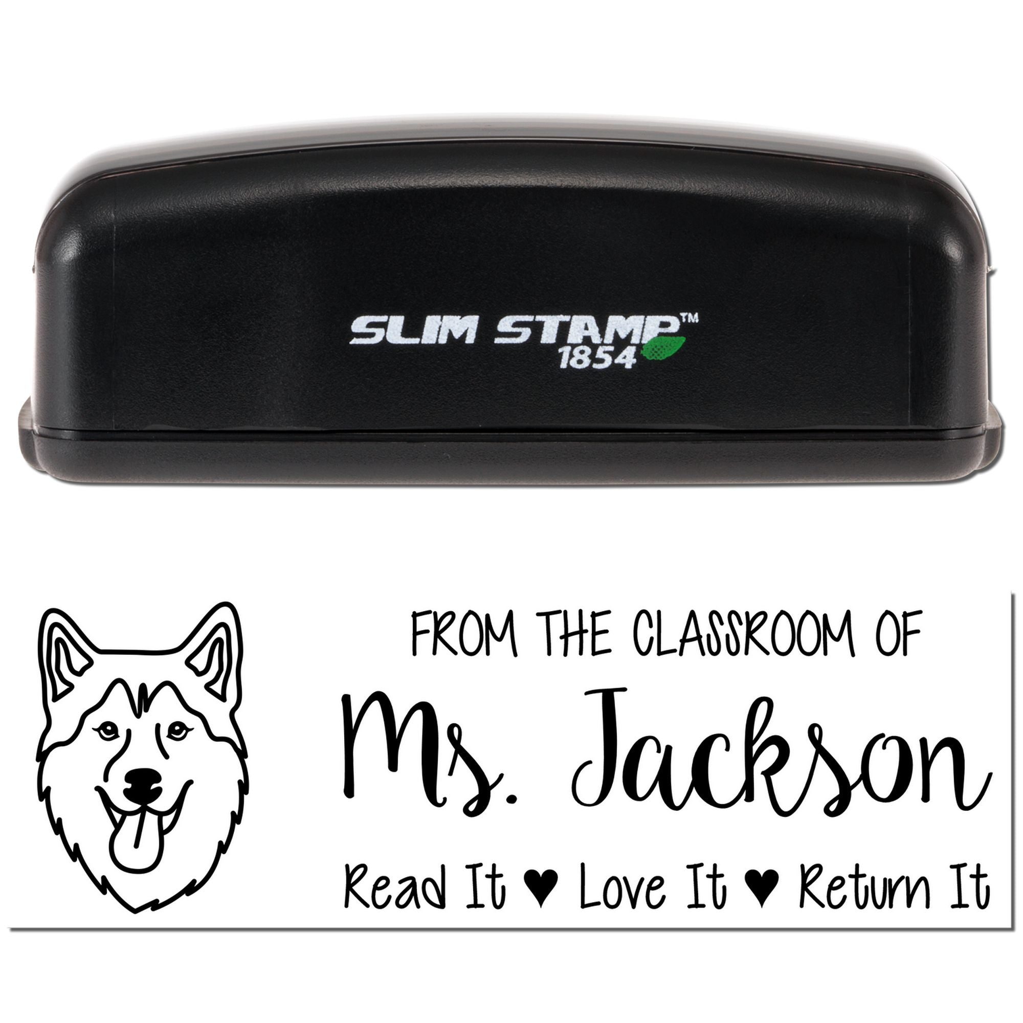 Personalized teacher rubber stamp impression, Slim Stamp 1854, reading From the classroom of Ms. Jackson with return-it message.