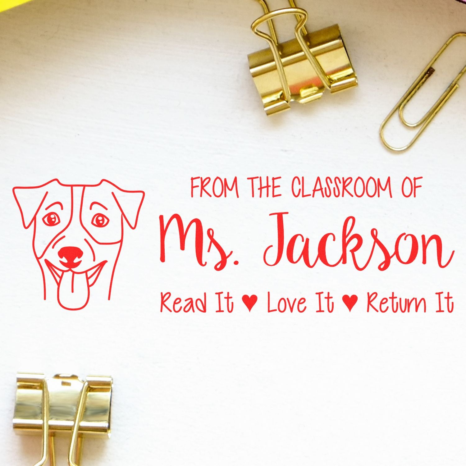 Personalized classroom library rubber stamp for Ms. Jackson with dog design and Read It Love It Return It message.