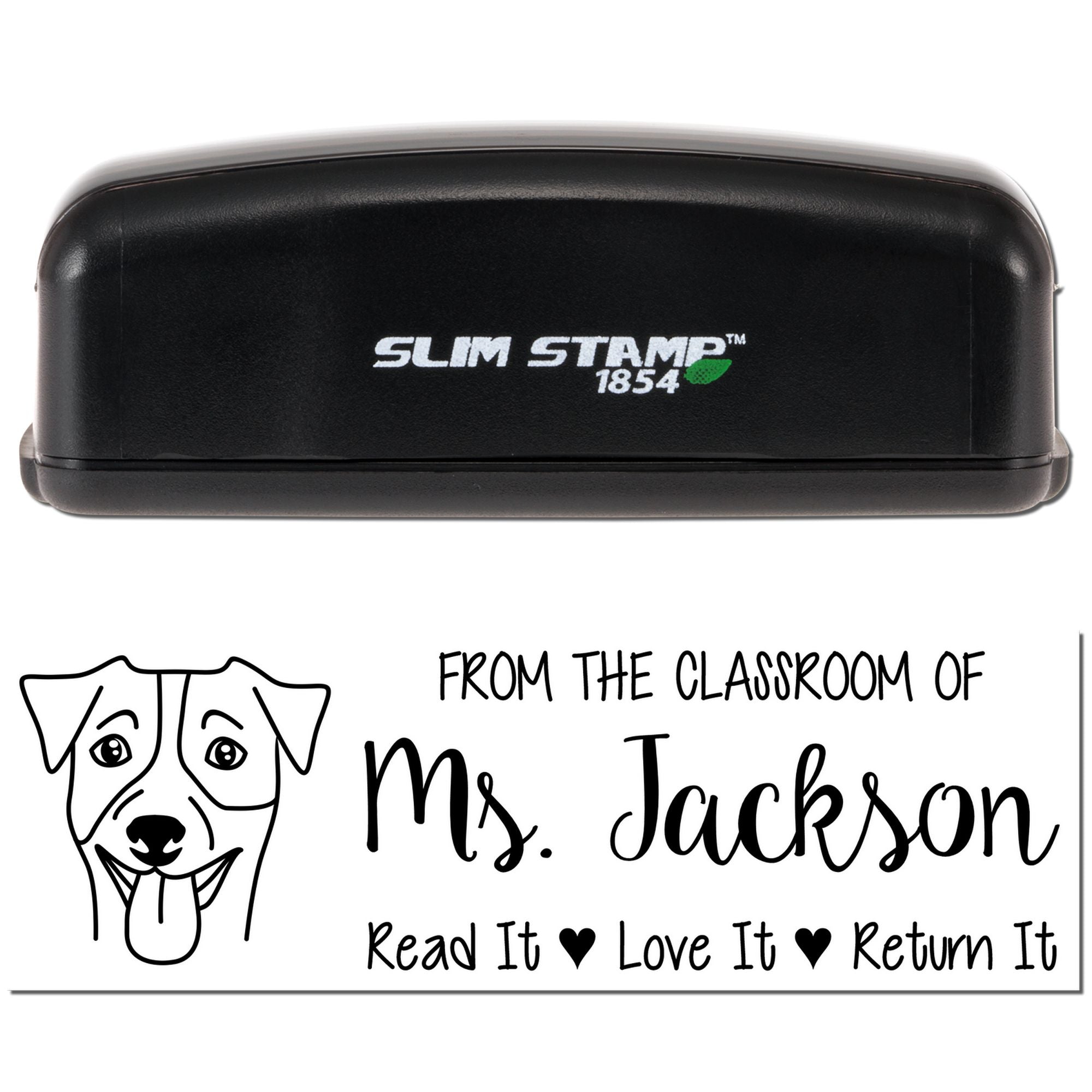 Custom teacher rubber stamp for Ms. Jackson with dog graphic and book return message, Read It, Love It, Return It.