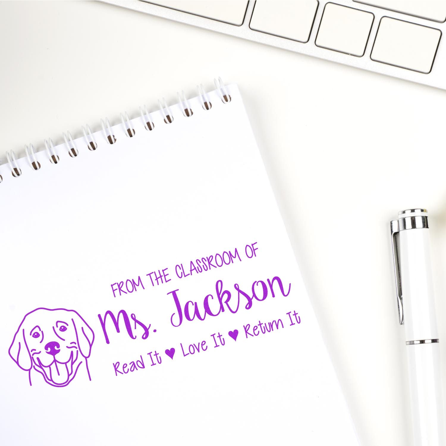 Personalized teacher rubber stamp reading From the Classroom of Ms. Jackson, Read It Love It Return It for book labels.