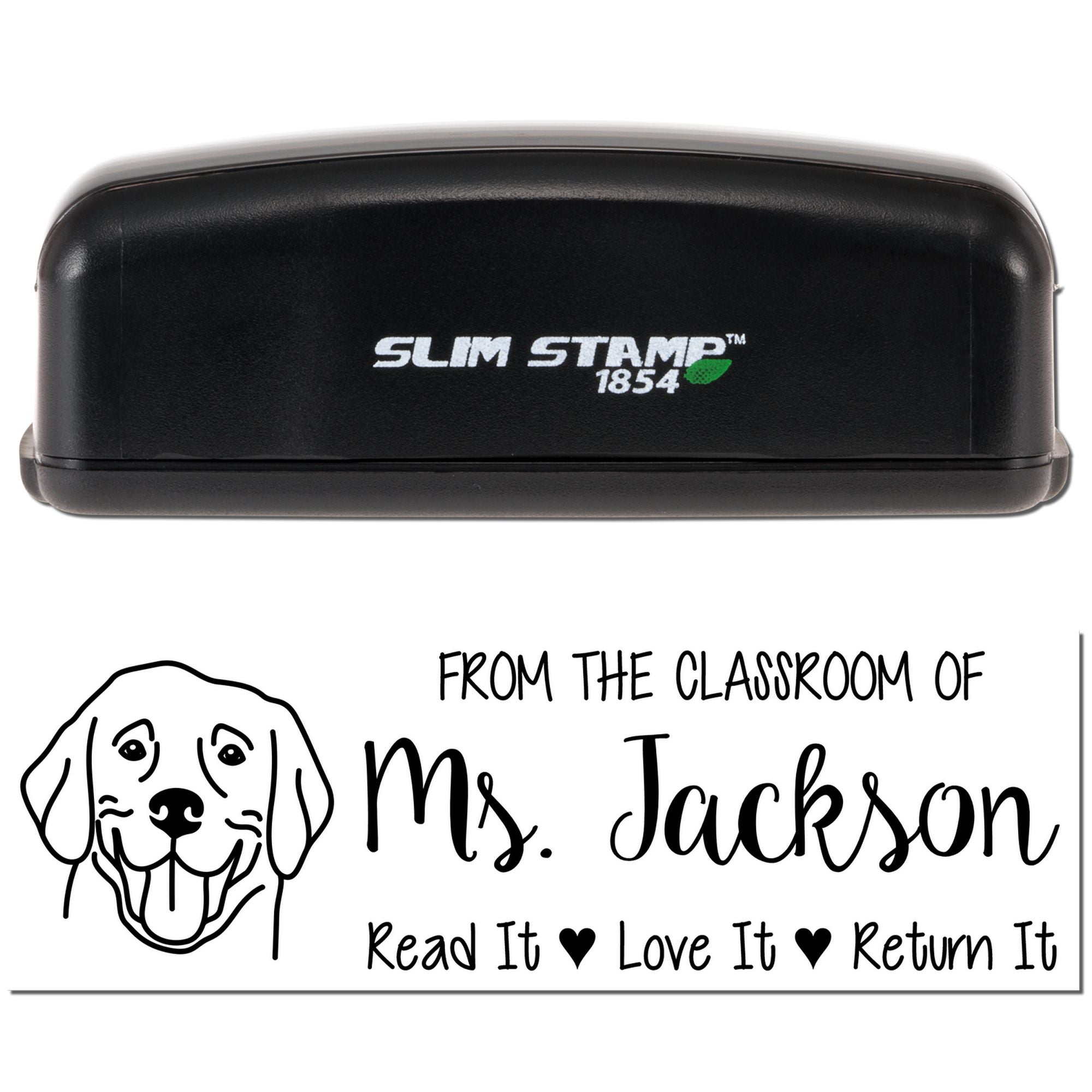 Slim Stamp 1854 rubber stamp with custom classroom book label for Ms. Jackson: Read It, Love It, Return It.