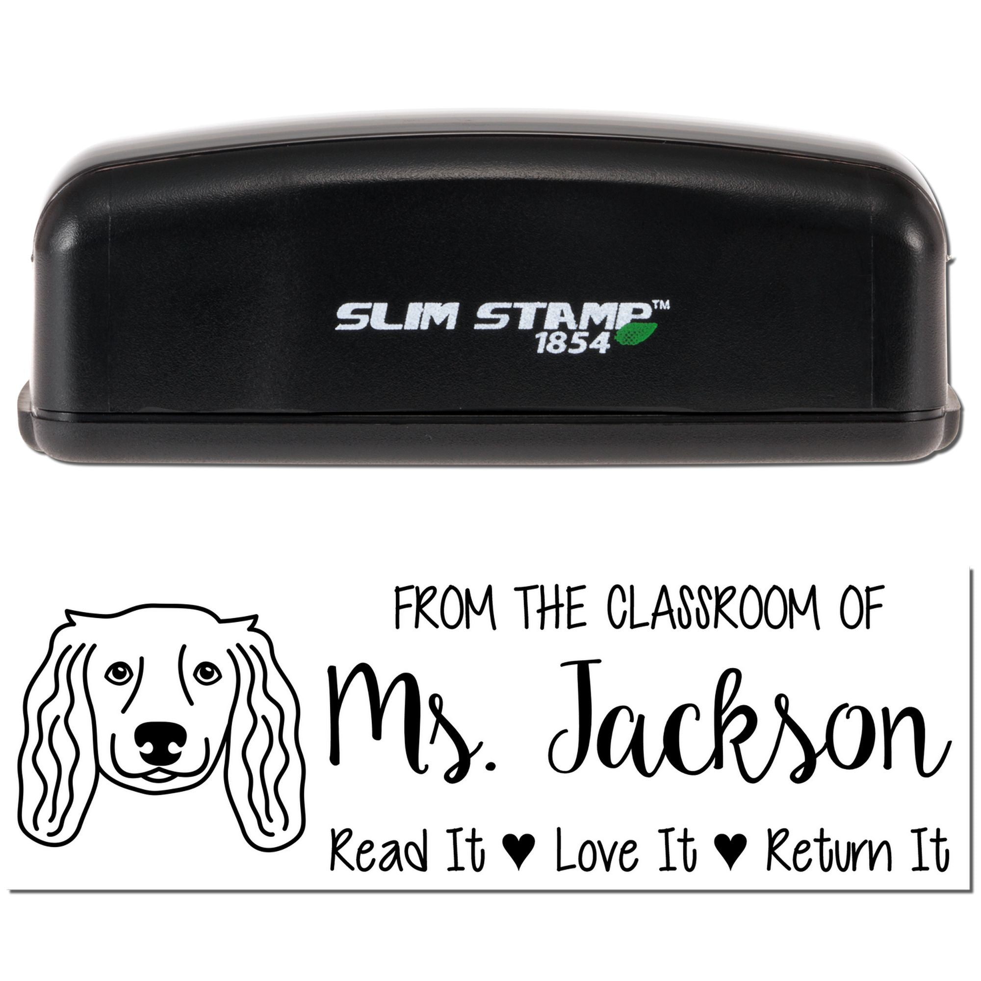 Slim Stamp 1854 personalized teacher rubber stamp with dog graphic and classroom library return message for Ms. Jackson.