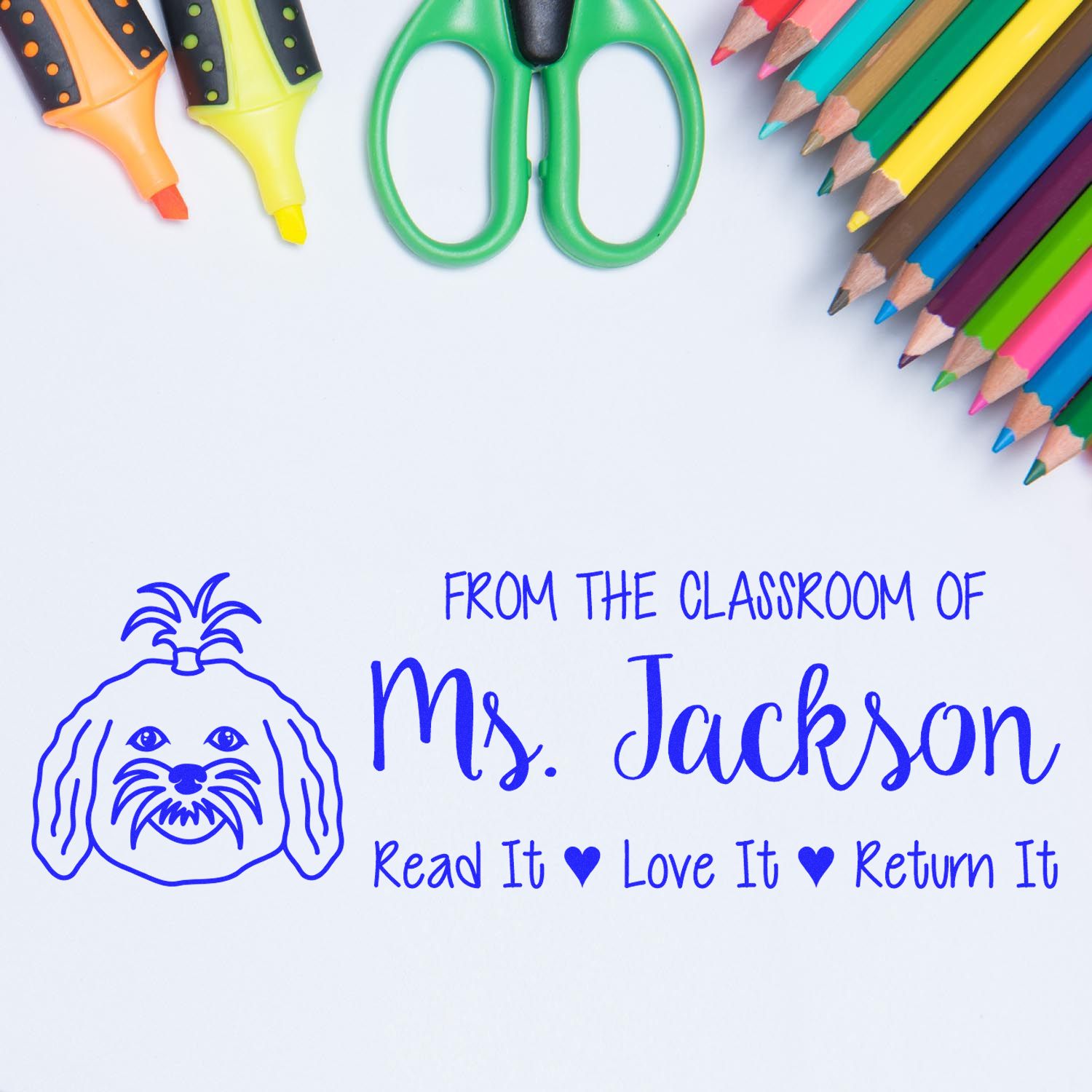 Custom teacher rubber stamp for classroom books: From the classroom of Ms. Jackson, Read It, Love It, Return It.